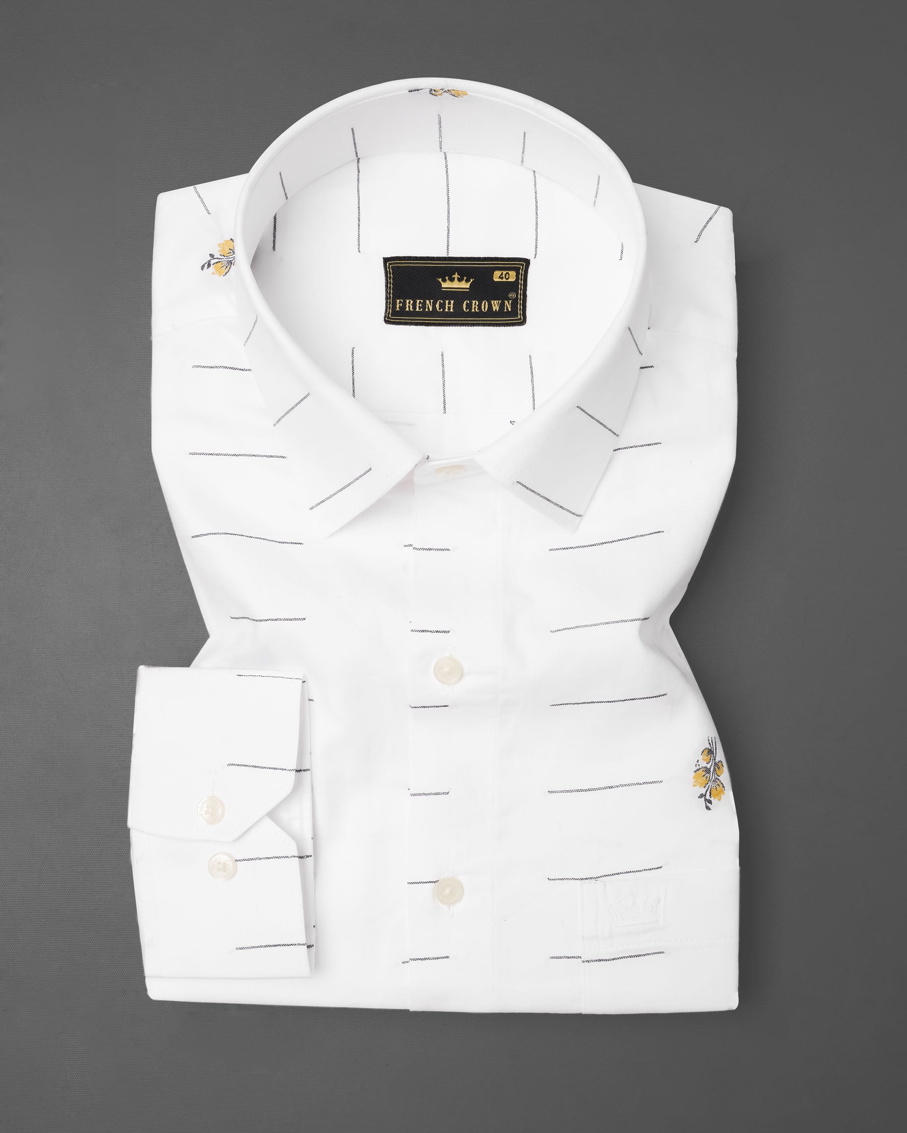 Bright White Linear and Floral Jacquard Textured Premium Giza Cotton Shirt