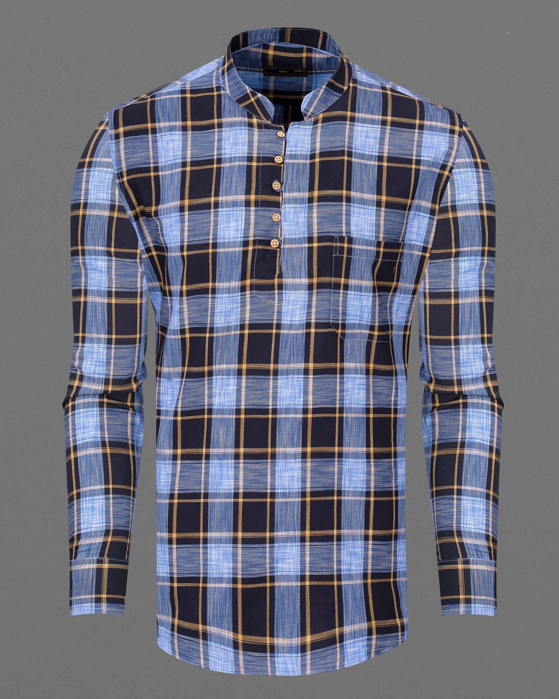 Portage Blue and Jade Black Twill Plaid Premium Cotton Kurta Shirt
