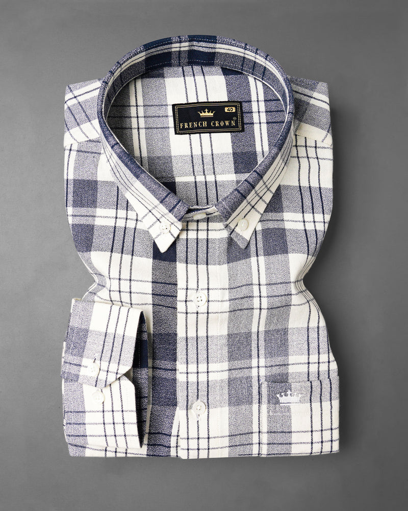 Off White and Haiti Blue Twill Plaid Premium Cotton Shirt