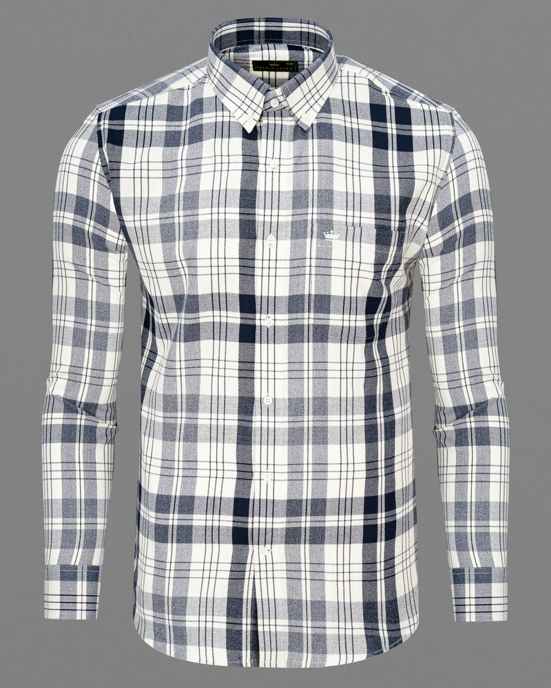 Off White and Haiti Blue Twill Plaid Premium Cotton Shirt