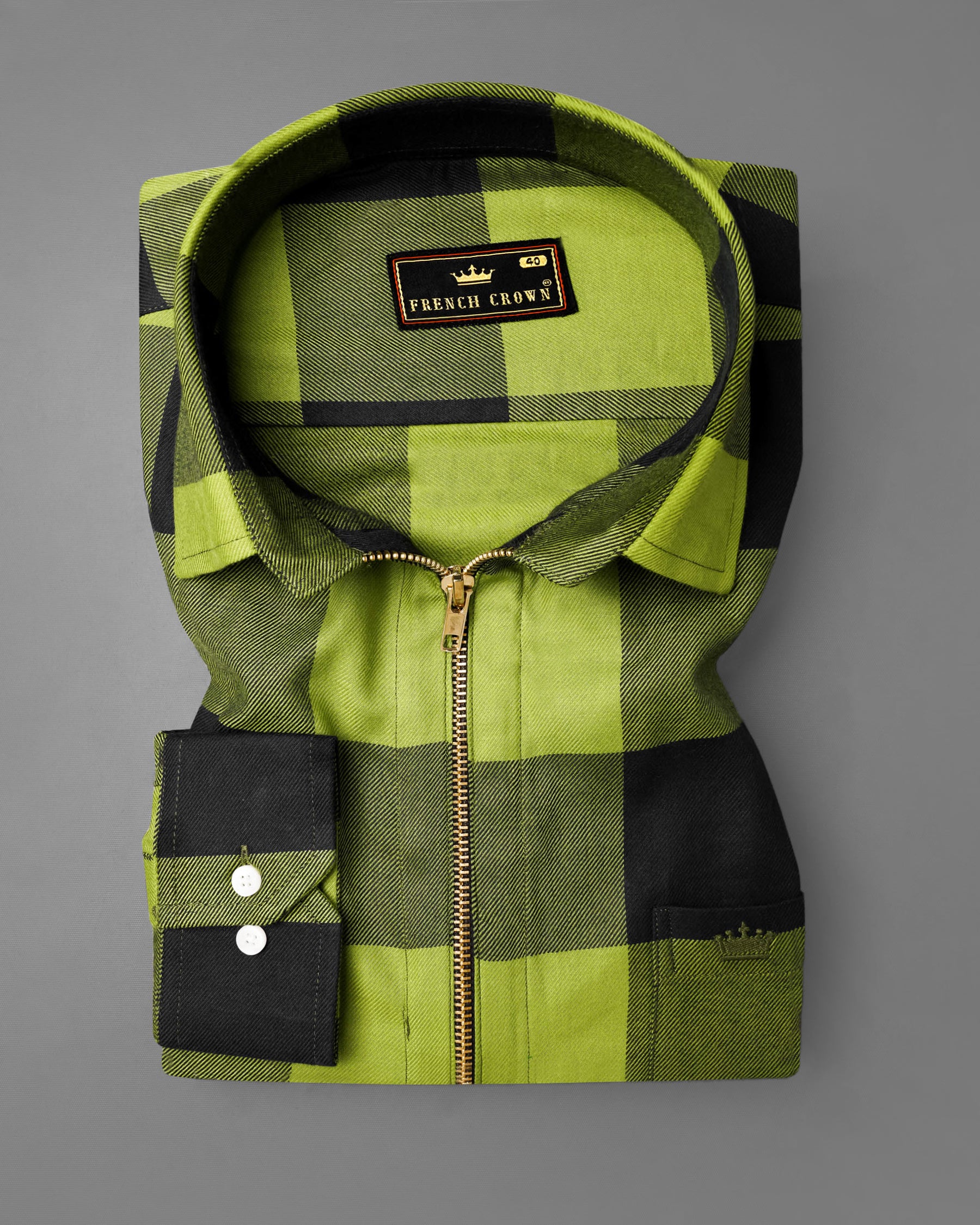 Avocado Green and Jade Black Checkered Flannel zipper Overshirt/Shacket