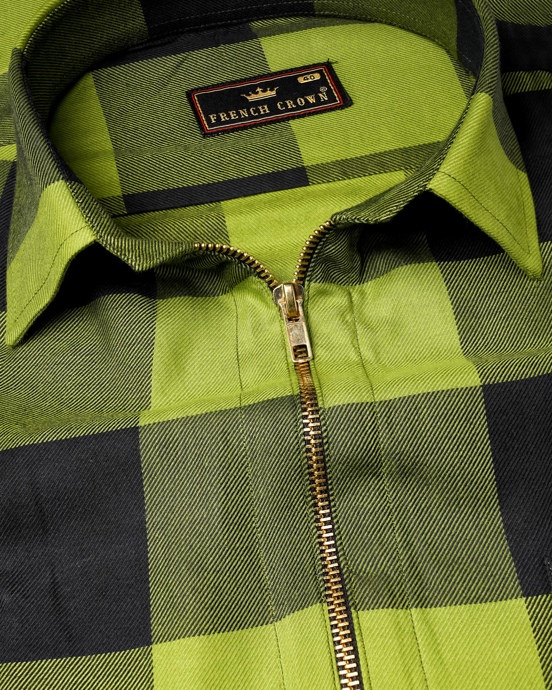 Avocado Green and Jade Black Checkered Flannel zipper Overshirt/Shacket