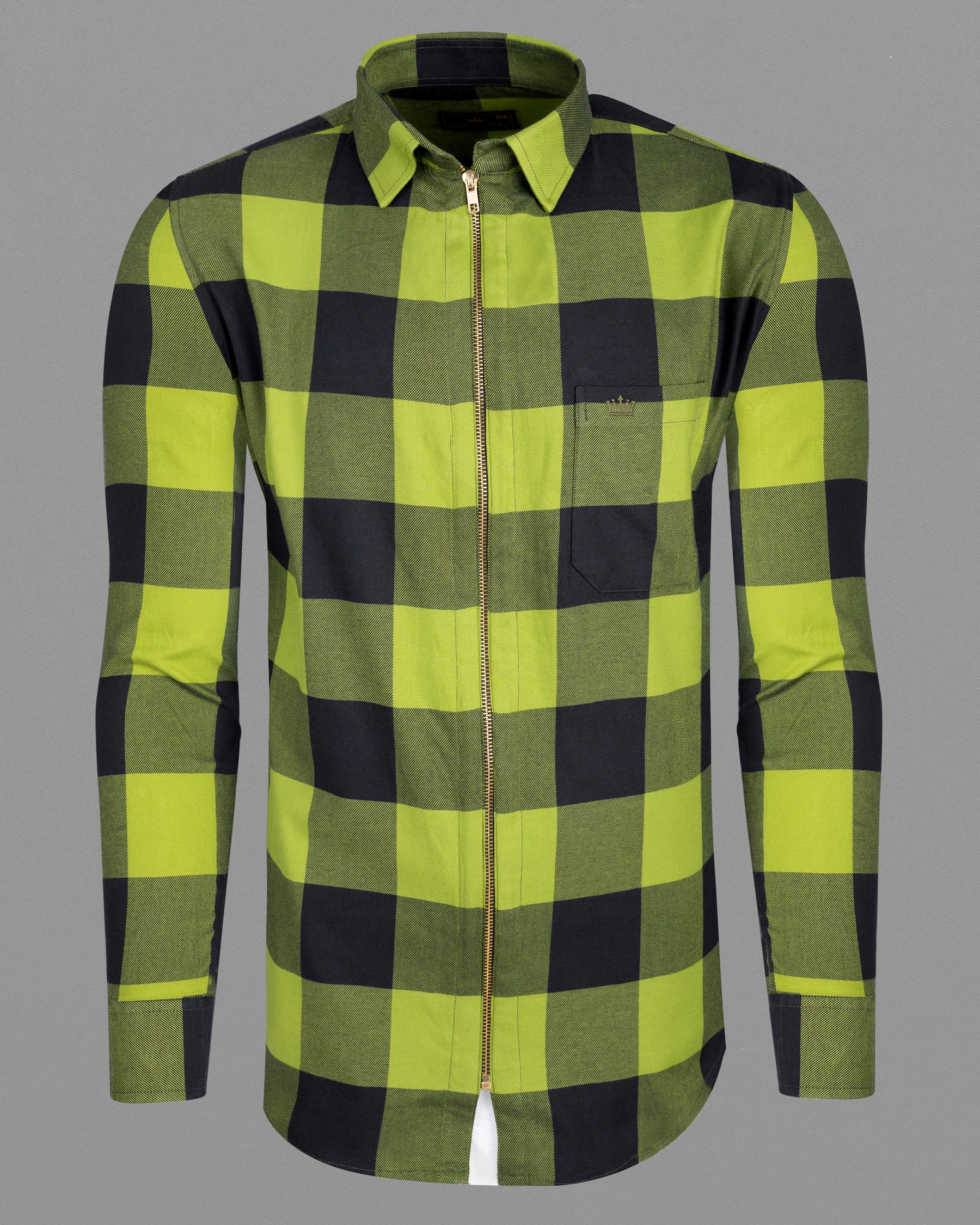 Avocado Green and Jade Black Checkered Flannel zipper Overshirt/Shacket