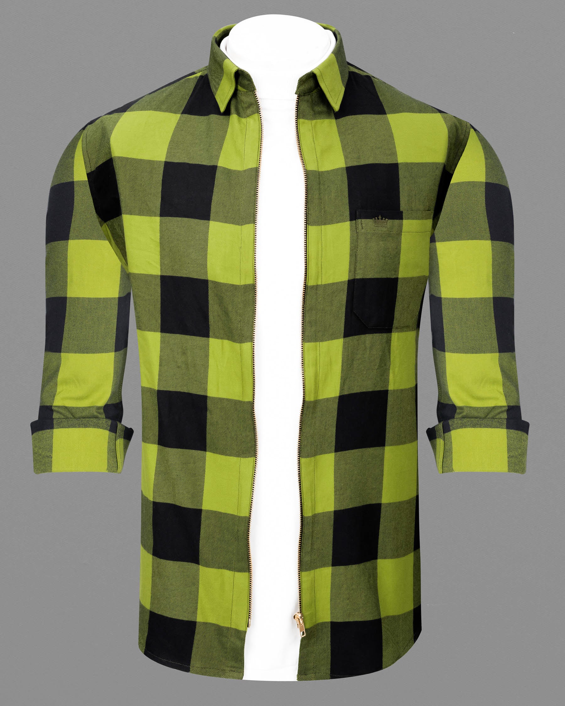 Avocado Green and Jade Black Checkered Flannel zipper Overshirt/Shacket