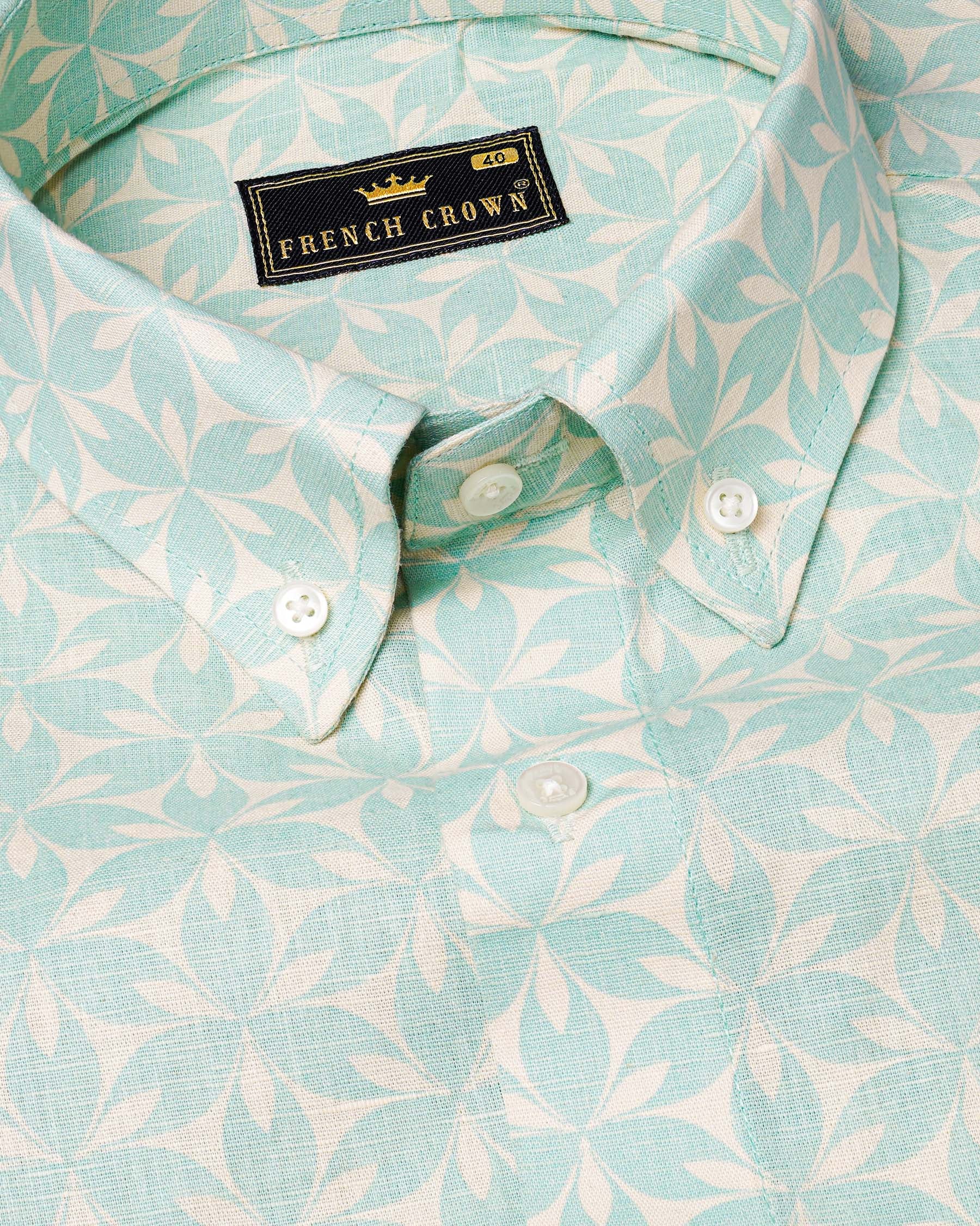 Cyan Opaque Floral Printed Luxurious Linen Shirt