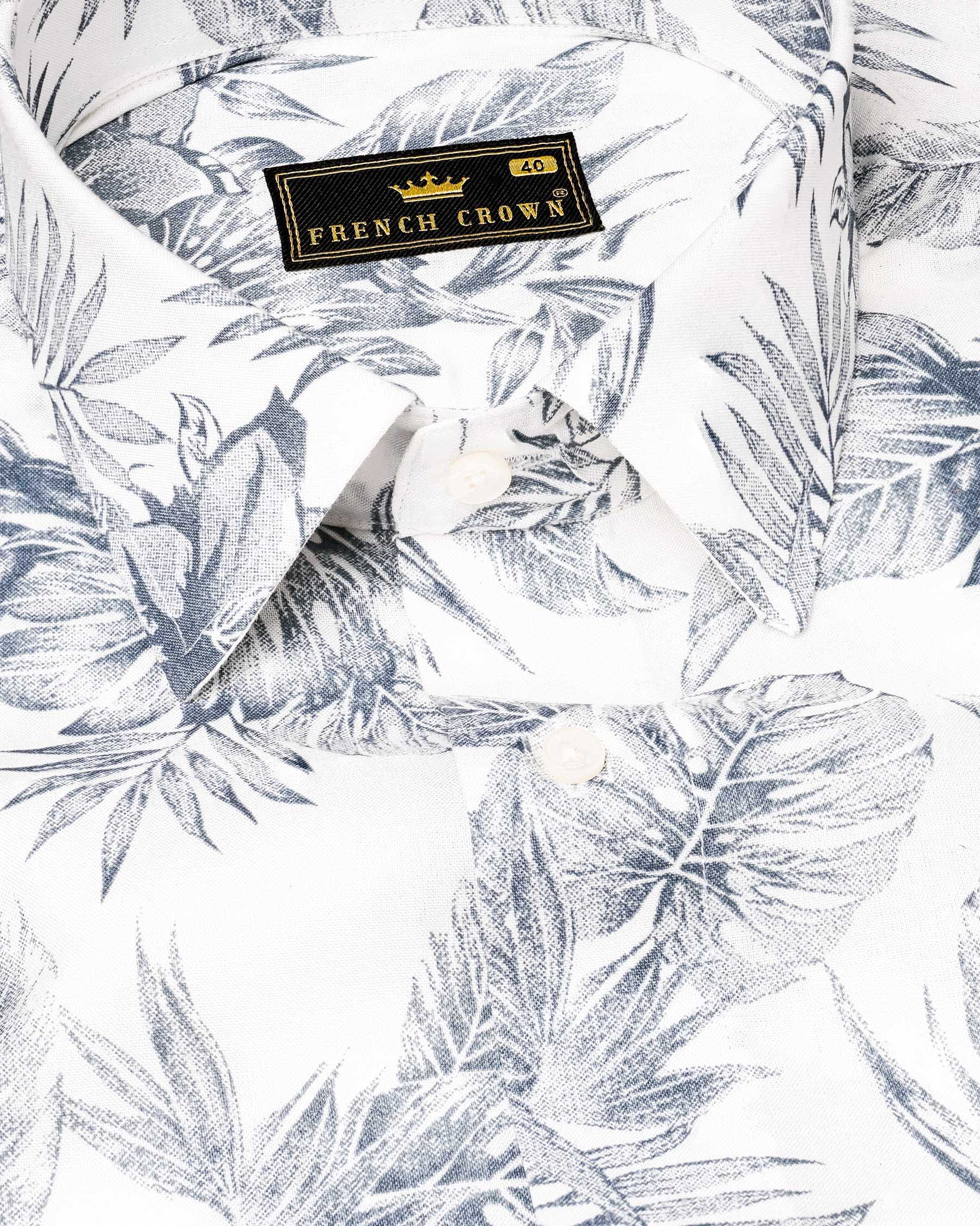 Bright White With Mountain Gray Leaves Printed Premium Tencel Beach Shirt 7501-38, 7501-H-38, 7501-39, 7501-H-39, 7501-40, 7501-H-40, 7501-42, 7501-H-42, 7501-44, 7501-H-44, 7501-46, 7501-H-46, 7501-48, 7501-H-48, 7501-50, 7501-H-50, 7501-52, 7501-H-52