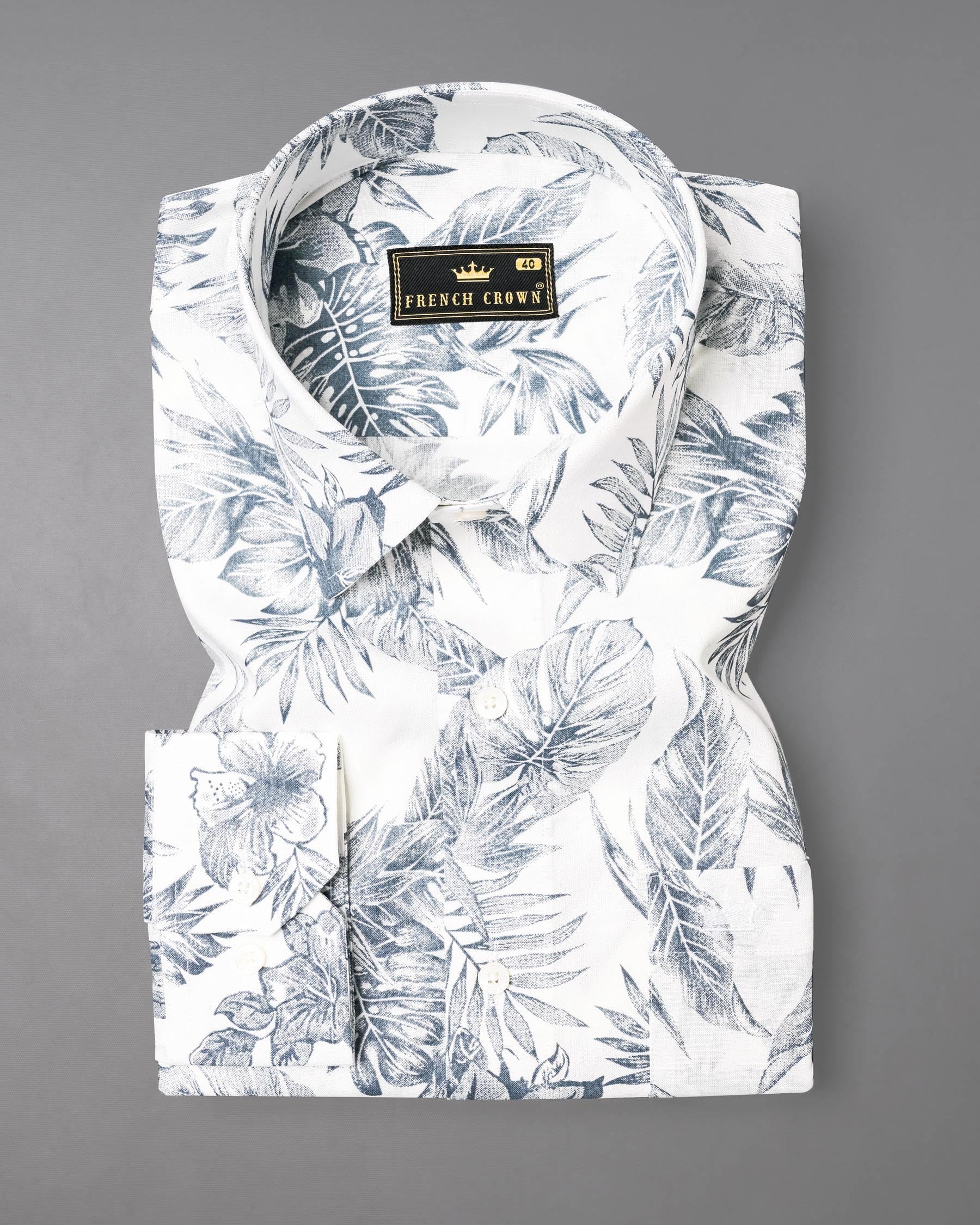 Bright White With Mountain Gray Leaves Printed Premium Tencel Beach Shirt 7501-38, 7501-H-38, 7501-39, 7501-H-39, 7501-40, 7501-H-40, 7501-42, 7501-H-42, 7501-44, 7501-H-44, 7501-46, 7501-H-46, 7501-48, 7501-H-48, 7501-50, 7501-H-50, 7501-52, 7501-H-52