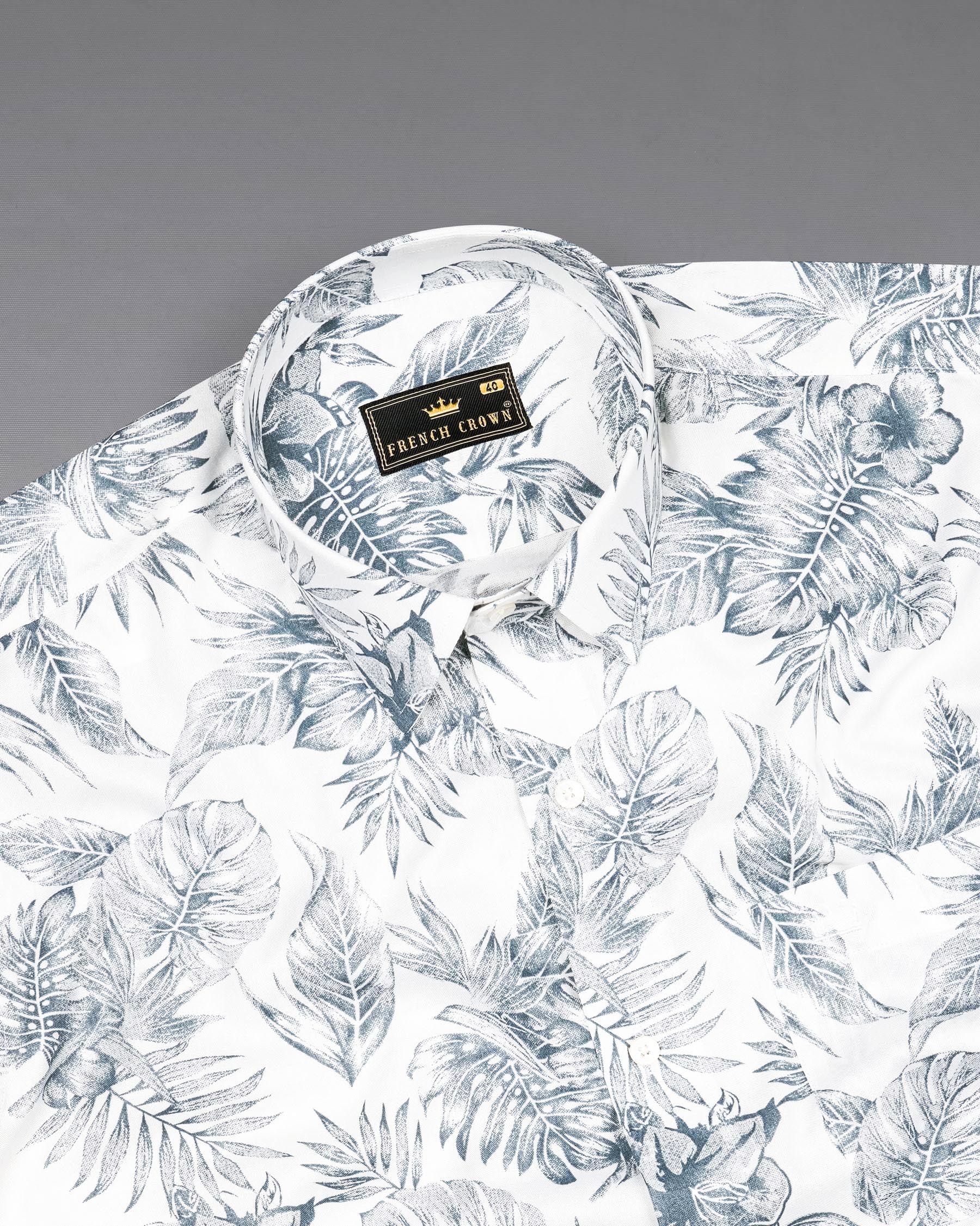 Bright White With Mountain Gray Leaves Printed Premium Tencel Beach Shirt 7501-38, 7501-H-38, 7501-39, 7501-H-39, 7501-40, 7501-H-40, 7501-42, 7501-H-42, 7501-44, 7501-H-44, 7501-46, 7501-H-46, 7501-48, 7501-H-48, 7501-50, 7501-H-50, 7501-52, 7501-H-52