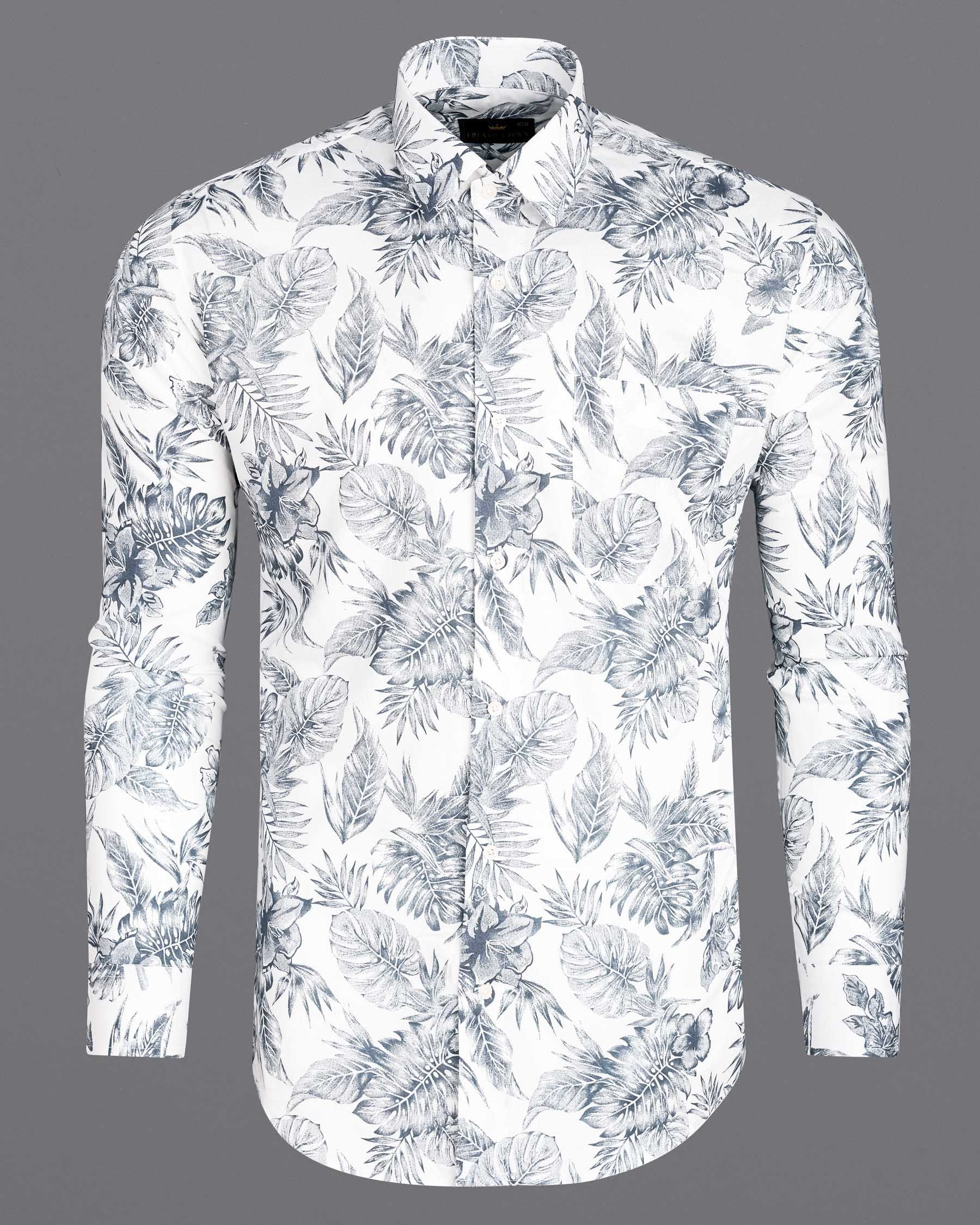 Bright White With Mountain Gray Leaves Printed Premium Tencel Beach Shirt 7501-38, 7501-H-38, 7501-39, 7501-H-39, 7501-40, 7501-H-40, 7501-42, 7501-H-42, 7501-44, 7501-H-44, 7501-46, 7501-H-46, 7501-48, 7501-H-48, 7501-50, 7501-H-50, 7501-52, 7501-H-52