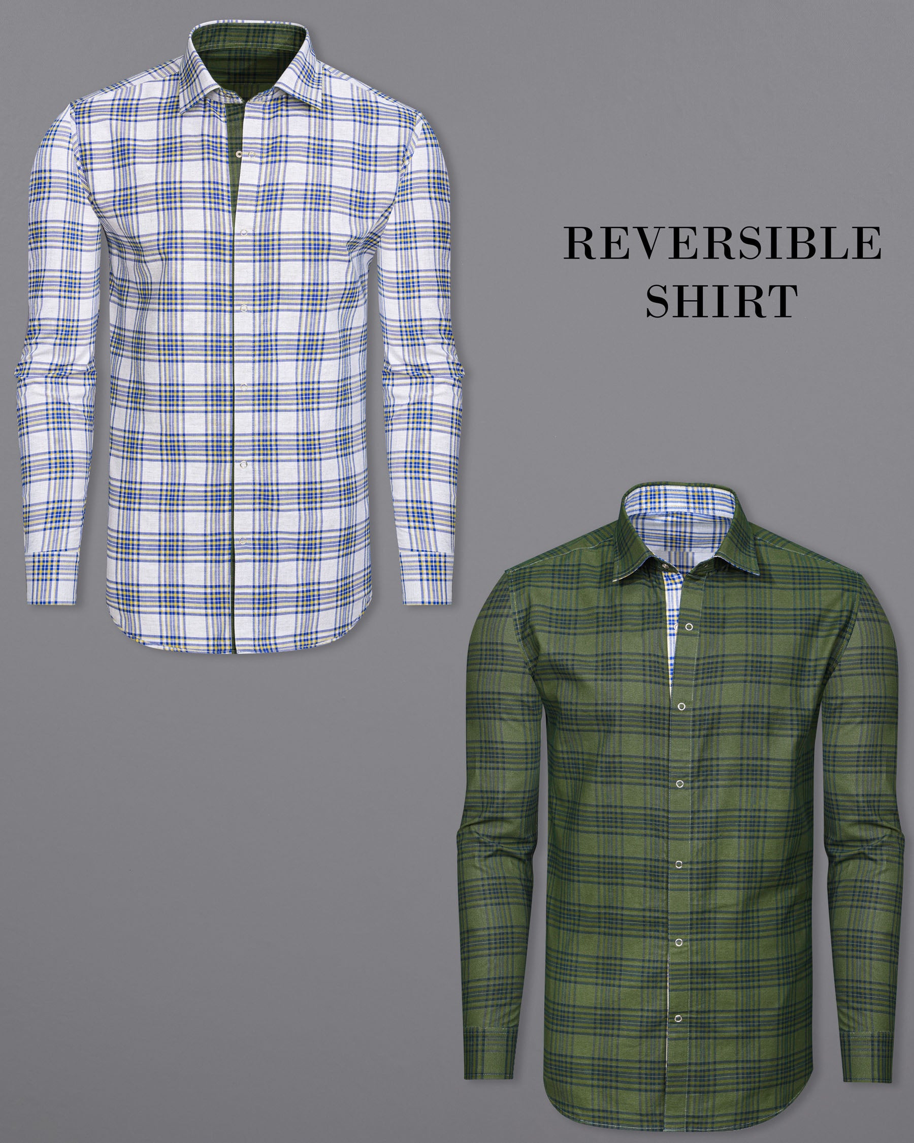 Wood Green and Bright White Plaid Royal Oxford Reversible Shirt 7538-38, 7538-H-38, 7538-39, 7538-H-39, 7538-40, 7538-H-40, 7538-42, 7538-H-42, 7538-44, 7538-H-44, 7538-46, 7538-H-46, 7538-48, 7538-H-48, 7538-50, 7538-H-50, 7538-52, 7538-H-52