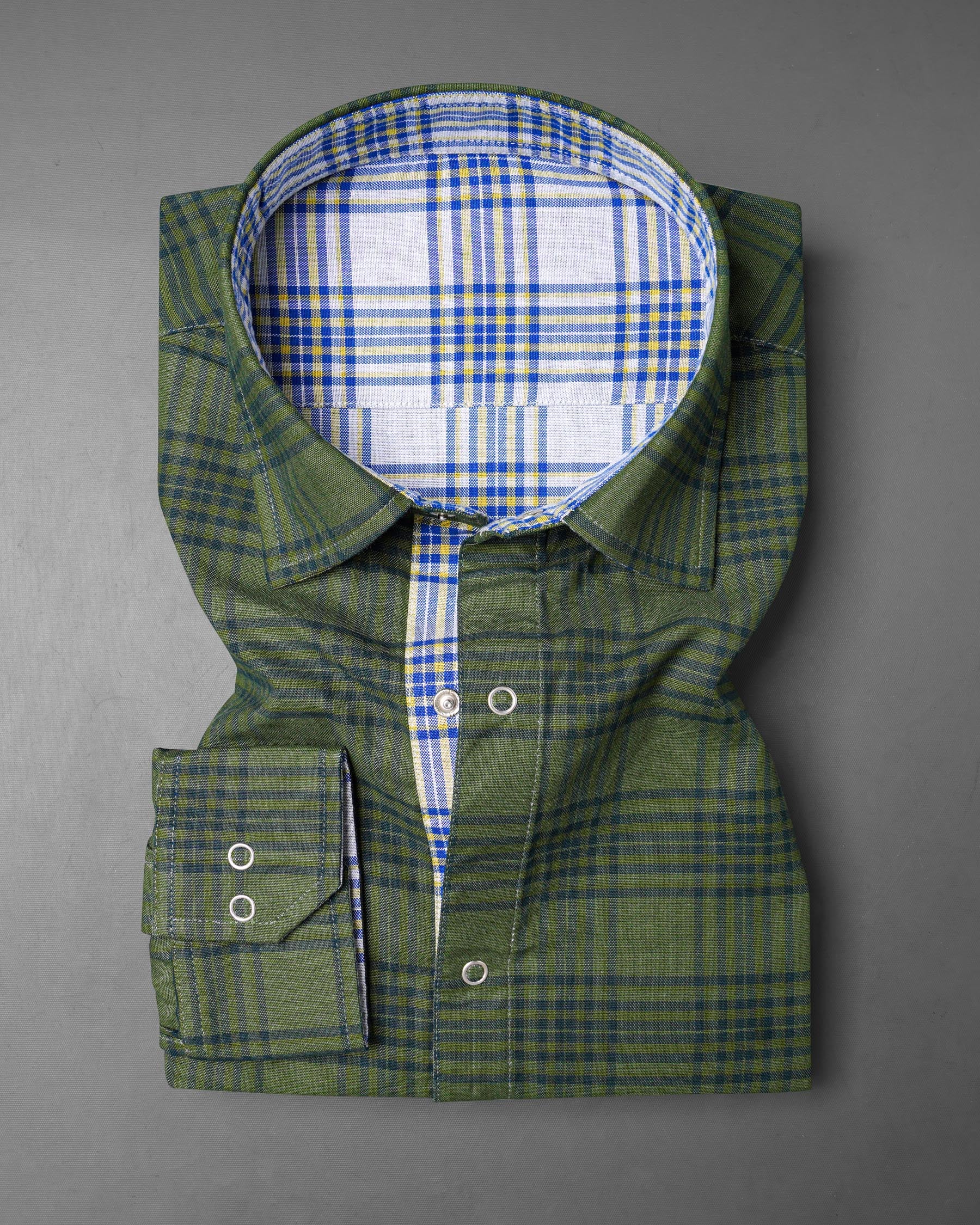 Wood Green and Bright White Plaid Royal Oxford Reversible Shirt 7538-38, 7538-H-38, 7538-39, 7538-H-39, 7538-40, 7538-H-40, 7538-42, 7538-H-42, 7538-44, 7538-H-44, 7538-46, 7538-H-46, 7538-48, 7538-H-48, 7538-50, 7538-H-50, 7538-52, 7538-H-52