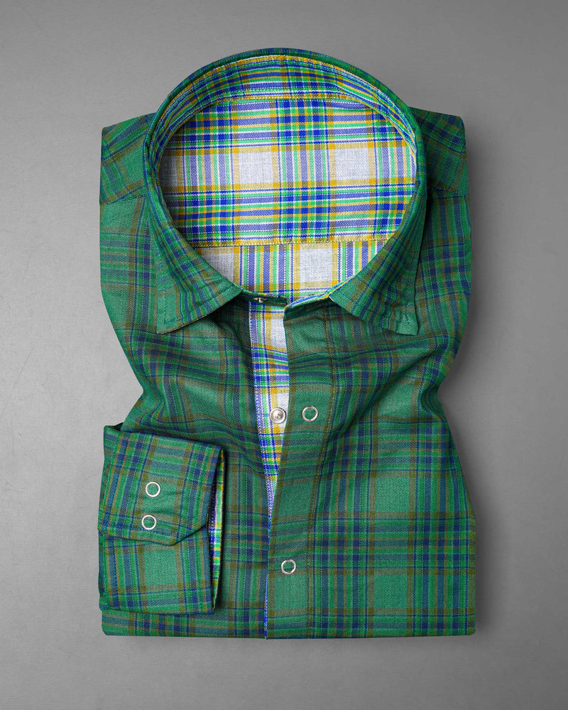 Cactus Green Plaid and Solitude White Plaid Herringbone Reversible Shirt 7539-38, 7539-H-38, 7539-39, 7539-H-39, 7539-40, 7539-H-40, 7539-42, 7539-H-42, 7539-44, 7539-H-44, 7539-46, 7539-H-46, 7539-48, 7539-H-48, 7539-50, 7539-H-50, 7539-52, 7539-H-52