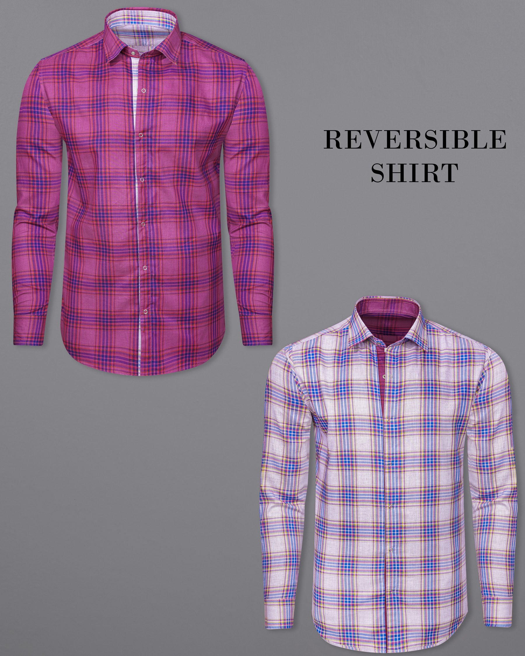 Mulberry Pink Plaid and Prelude Blue Plaid Herringbone Reversible Shirt 7541-38,7541-H-38,7541-39,7541-H-39,7541-40,7541-H-40,7541-42,7541-H-42,7541-44,7541-H-44,7541-46,7541-H-46,7541-48,7541-H-48,7541-50,7541-H-50,7541-52,7541-H-52