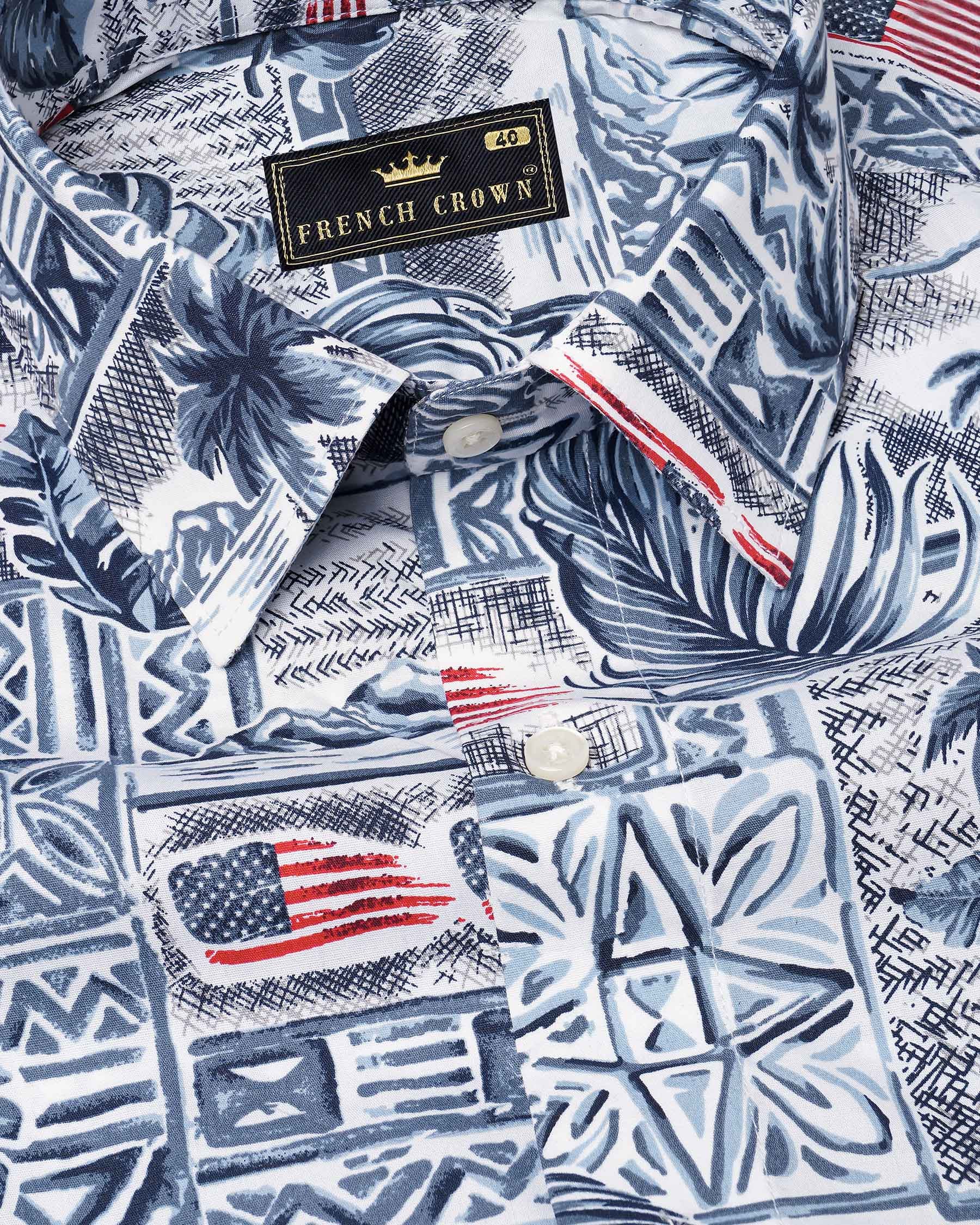 Bunting Navy Blue and Spindle Blue Tropical Printed with American Flag Premium Cotton Shirt 7556-38, 7556-H-38, 7556-39, 7556-H-39, 7556-40, 7556-H-40, 7556-42, 7556-H-42, 7556-44, 7556-H-44, 7556-46, 7556-H-46, 7556-48, 7556-H-48, 7556-50, 7556-H-50, 7556-52, 7556-H-52