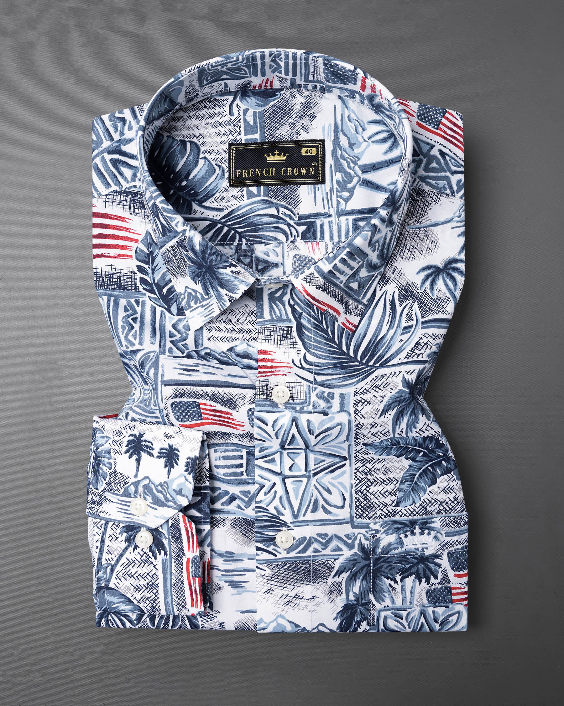 Bunting Navy Blue and Spindle Blue Tropical Printed with American Flag Premium Cotton Shirt 7556-38, 7556-H-38, 7556-39, 7556-H-39, 7556-40, 7556-H-40, 7556-42, 7556-H-42, 7556-44, 7556-H-44, 7556-46, 7556-H-46, 7556-48, 7556-H-48, 7556-50, 7556-H-50, 7556-52, 7556-H-52