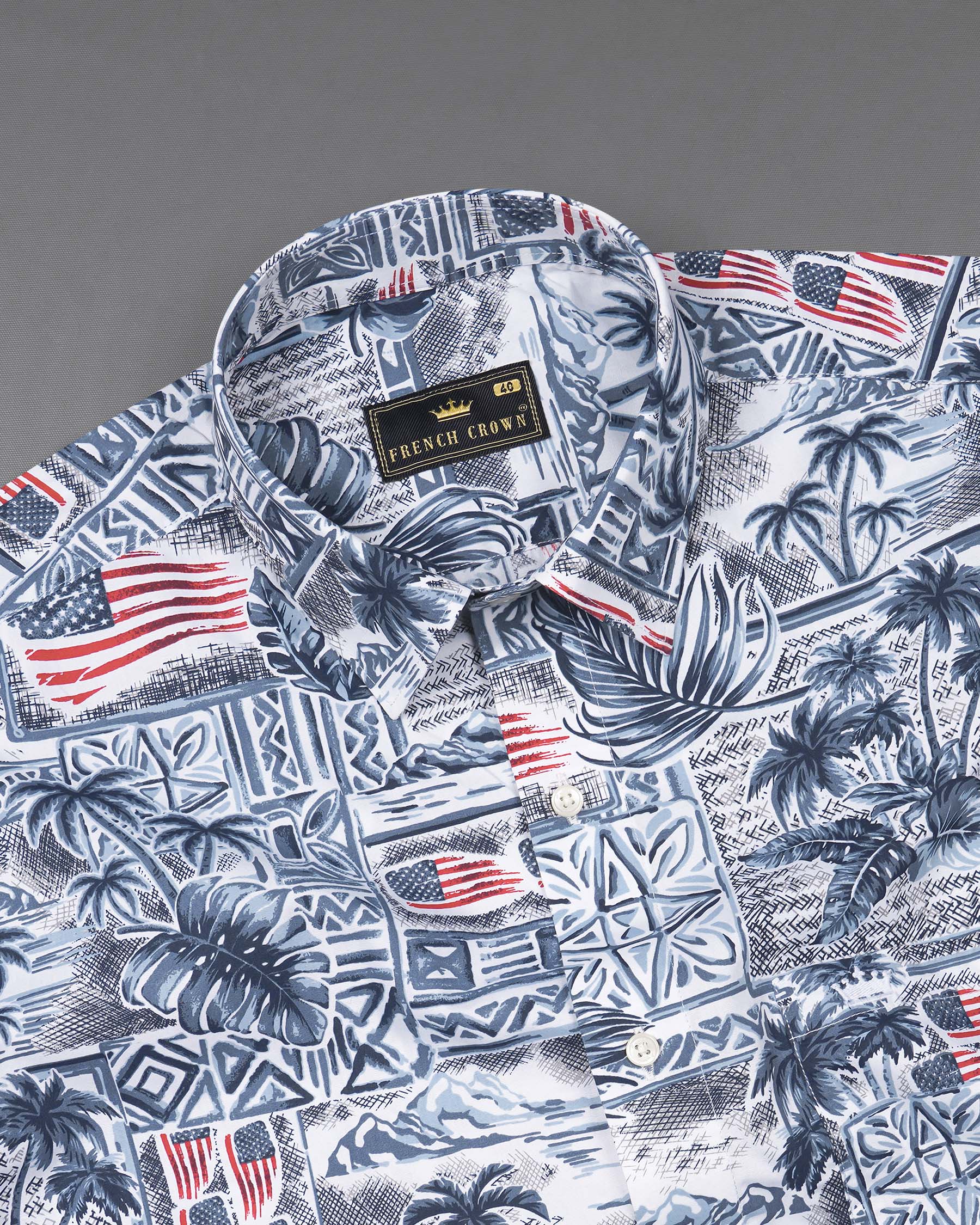 Bunting Navy Blue and Spindle Blue Tropical Printed with American Flag Premium Cotton Shirt 7556-38, 7556-H-38, 7556-39, 7556-H-39, 7556-40, 7556-H-40, 7556-42, 7556-H-42, 7556-44, 7556-H-44, 7556-46, 7556-H-46, 7556-48, 7556-H-48, 7556-50, 7556-H-50, 7556-52, 7556-H-52