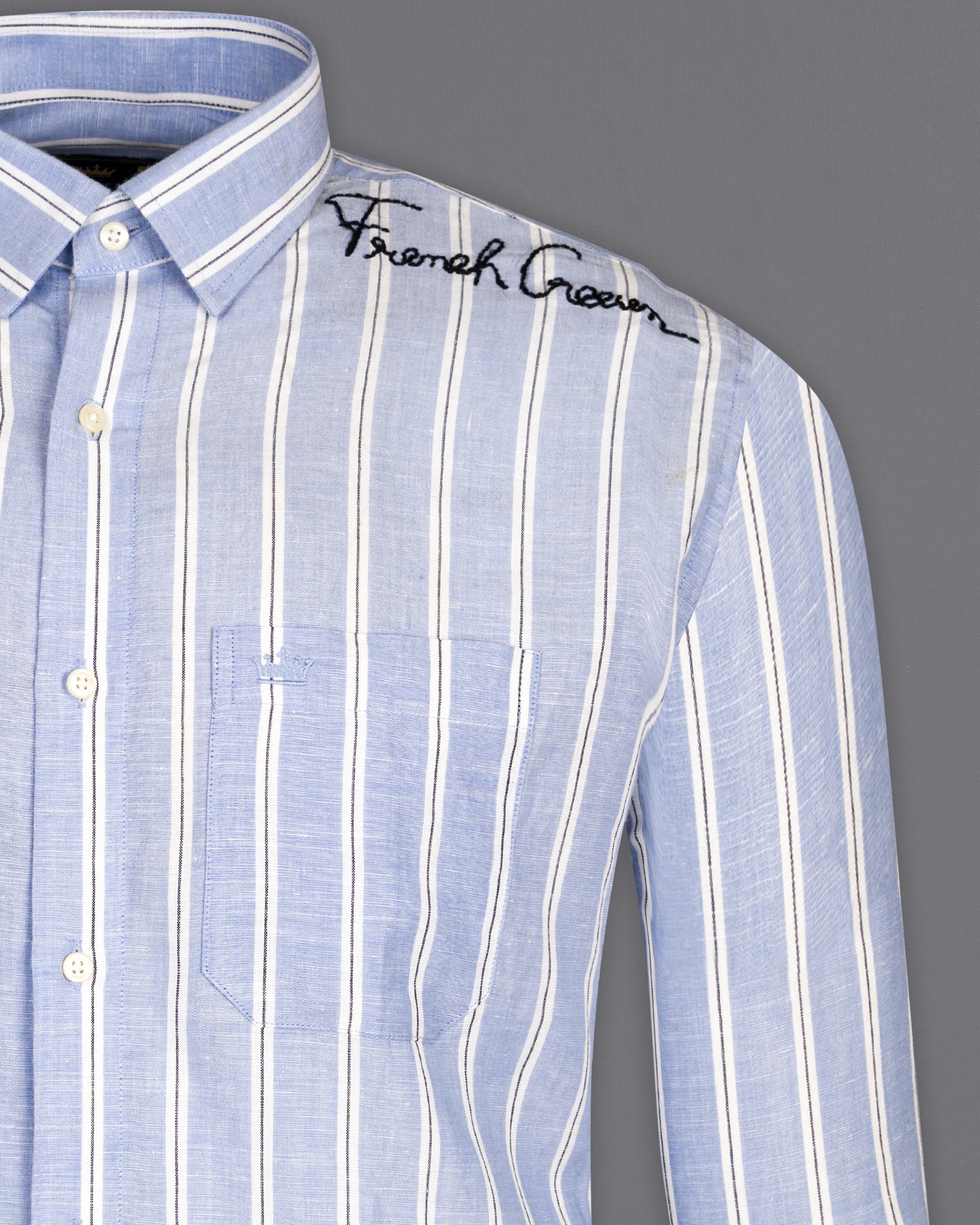 Periwinkle Blue and White Striped Luxurious Linen Hand Embroidered Signature Designer Shirt 7572-EH084-38, 7572-EH084-H-38, 7572-EH084-39, 7572-EH084-H-39, 7572-EH084-40, 7572-EH084-H-40, 7572-EH084-42, 7572-EH084-H-42, 7572-EH084-44, 7572-EH084-H-44, 7572-EH084-46, 7572-EH084-H-46, 7572-EH084-48, 7572-EH084-H-48, 7572-EH084-50, 7572-EH084-H-50, 7572-EH084-52, 7572-EH084-H-52