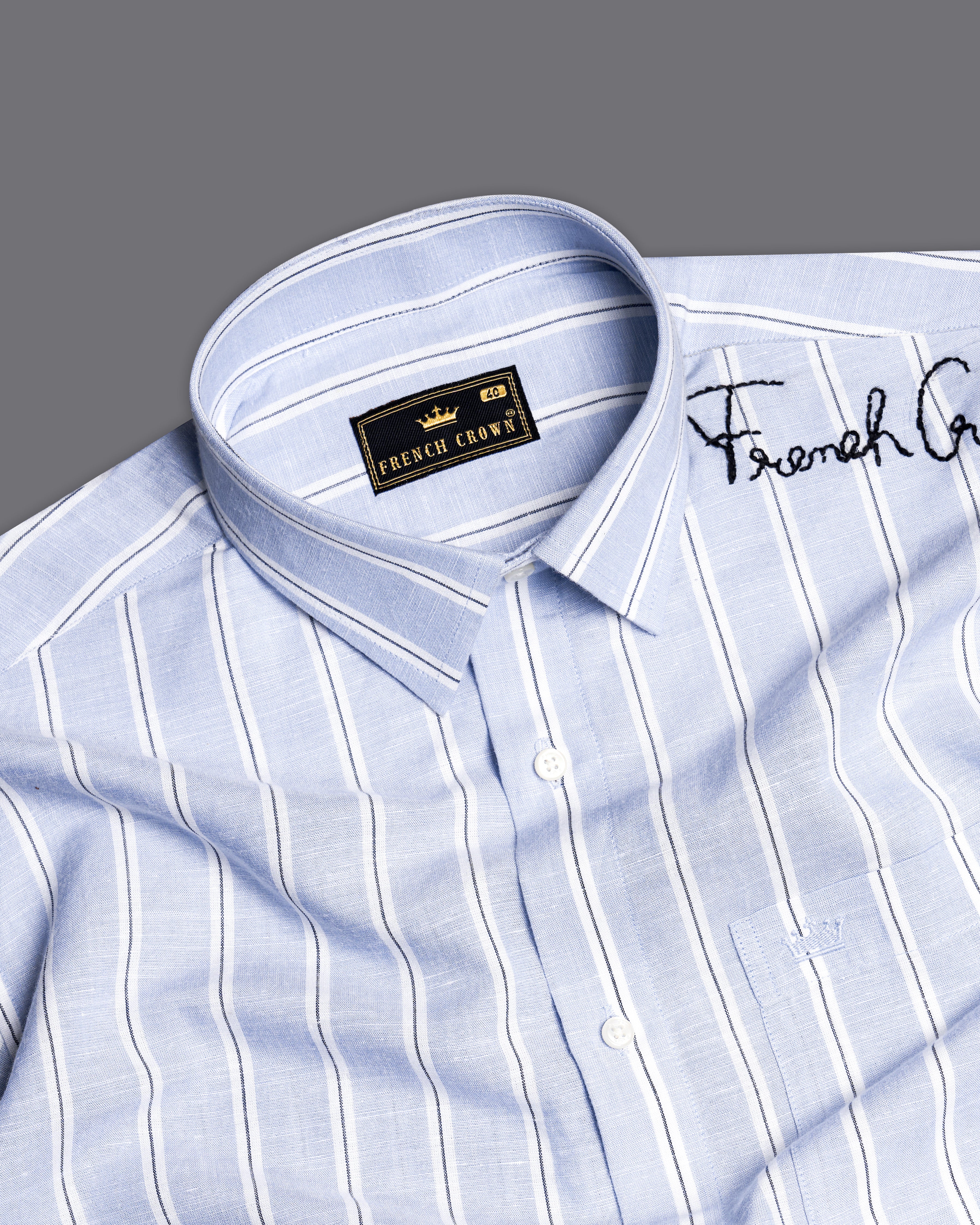 Periwinkle Blue and White Striped Luxurious Linen Hand Embroidered Signature Designer Shirt 7572-EH084-38, 7572-EH084-H-38, 7572-EH084-39, 7572-EH084-H-39, 7572-EH084-40, 7572-EH084-H-40, 7572-EH084-42, 7572-EH084-H-42, 7572-EH084-44, 7572-EH084-H-44, 7572-EH084-46, 7572-EH084-H-46, 7572-EH084-48, 7572-EH084-H-48, 7572-EH084-50, 7572-EH084-H-50, 7572-EH084-52, 7572-EH084-H-52