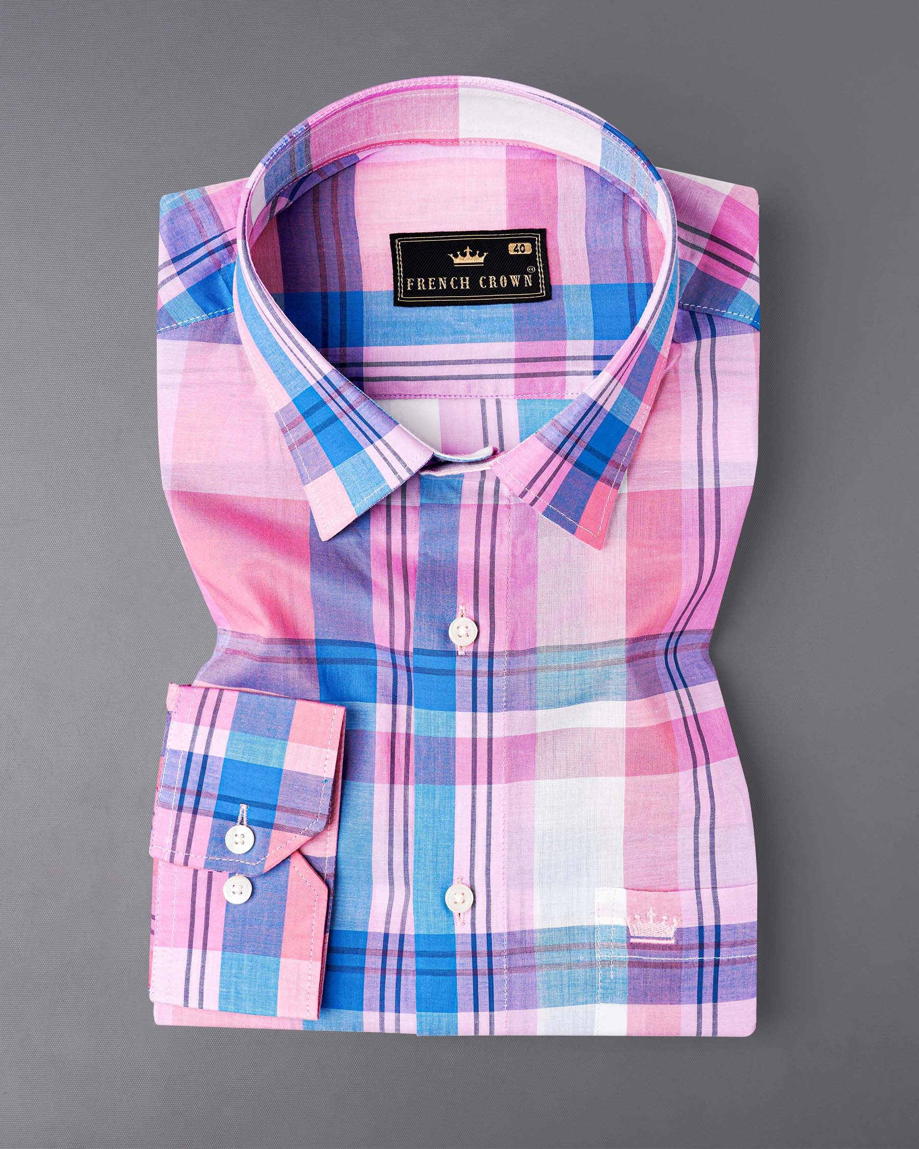 Chantilly Pink with Cornflower Blue Plaid Premium Cotton Shirt 7590-38, 7590-H-38, 7590-39,7590-H-39, 7590-40, 7590-H-40, 7590-42, 7590-H-42, 7590-44, 7590-H-44, 7590-46, 7590-H-46, 7590-48, 7590-H-48, 7590-50, 7590-H-50, 7590-52, 7590-H-52