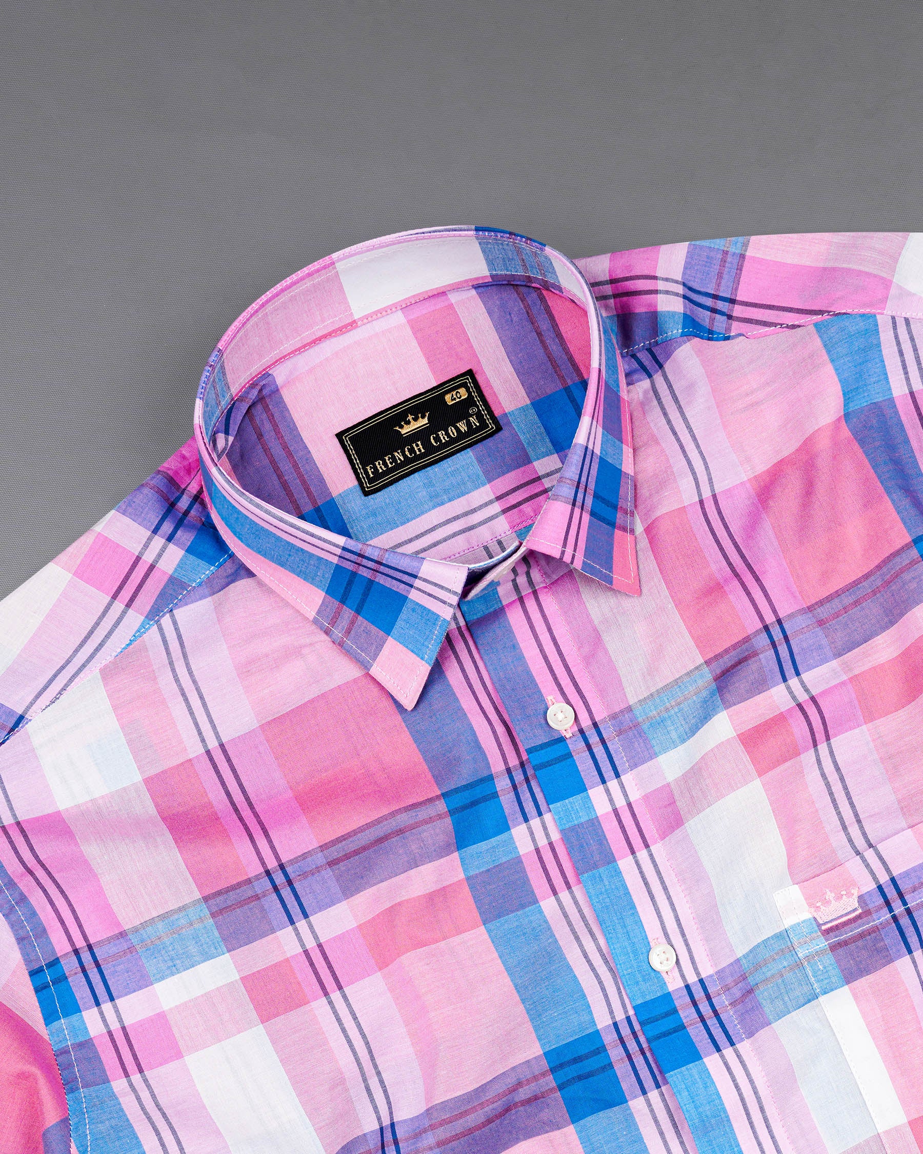 Chantilly Pink with Cornflower Blue Plaid Premium Cotton Shirt 7590-38, 7590-H-38, 7590-39,7590-H-39, 7590-40, 7590-H-40, 7590-42, 7590-H-42, 7590-44, 7590-H-44, 7590-46, 7590-H-46, 7590-48, 7590-H-48, 7590-50, 7590-H-50, 7590-52, 7590-H-52