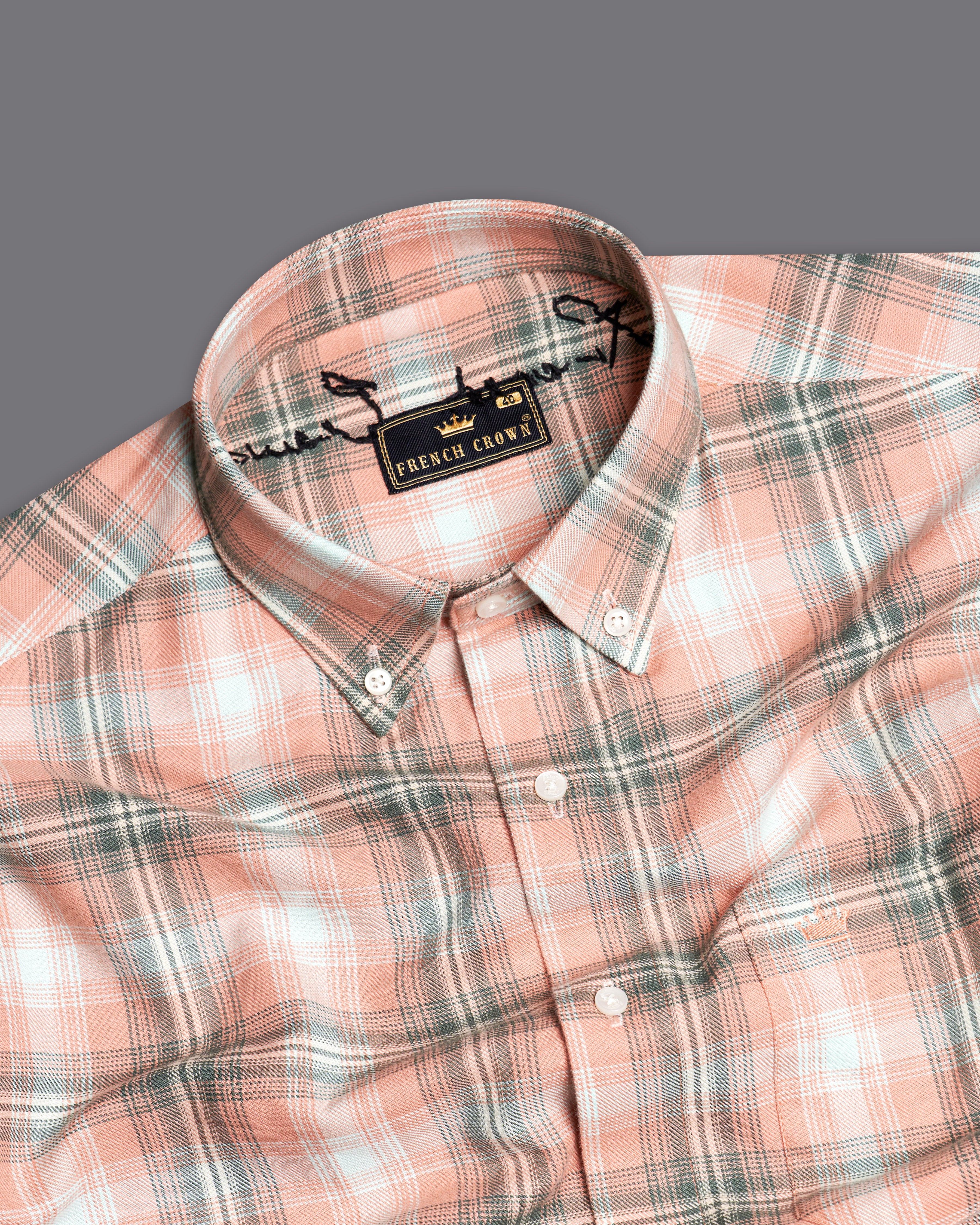 Pale Peach with Cadet Green Plaid Twill Hand-Embroidered Signature Designer Shirt 7610-BD-EH084-38, 7610-BD-EH084-H-38, 7610-BD-EH084-39, 7610-BD-EH084-H-39, 7610-BD-EH084-40, 7610-BD-EH084-H-40, 7610-BD-EH084-42, 7610-BD-EH084-H-42, 7610-BD-EH084-44, 7610-BD-EH084-H-44, 7610-BD-EH084-46, 7610-BD-EH084-H-46, 7610-BD-EH084-48, 7610-BD-EH084-H-48, 7610-BD-EH084-50, 7610-BD-EH084-H-50, 7610-BD-EH084-52, 7610-BD-EH084-H-52