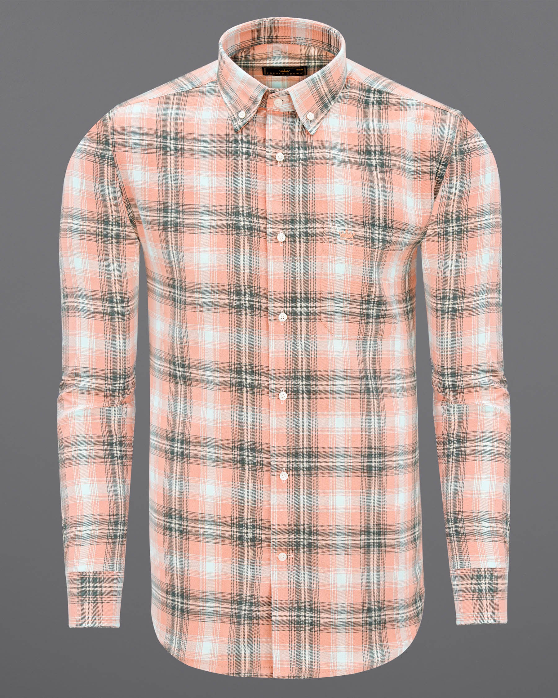 Melon Pink with Concord Light Green Twill Plaid Premium Cotton Shirt 7610-BD-38, 7610-BD-H-38, 7610-BD-39, 7610-BD-H-39, 7610-BD-40, 7610-BD-H-40, 7610-BD-42, 7610-BD-H-42, 7610-BD-44, 7610-BD-H-44, 7610-BD-46, 7610-BD-H-46, 7610-BD-48, 7610-BD-H-48, 7610-BD-50, 7610-BD-H-50, 7610-BD-52, 7610-BD-H-52