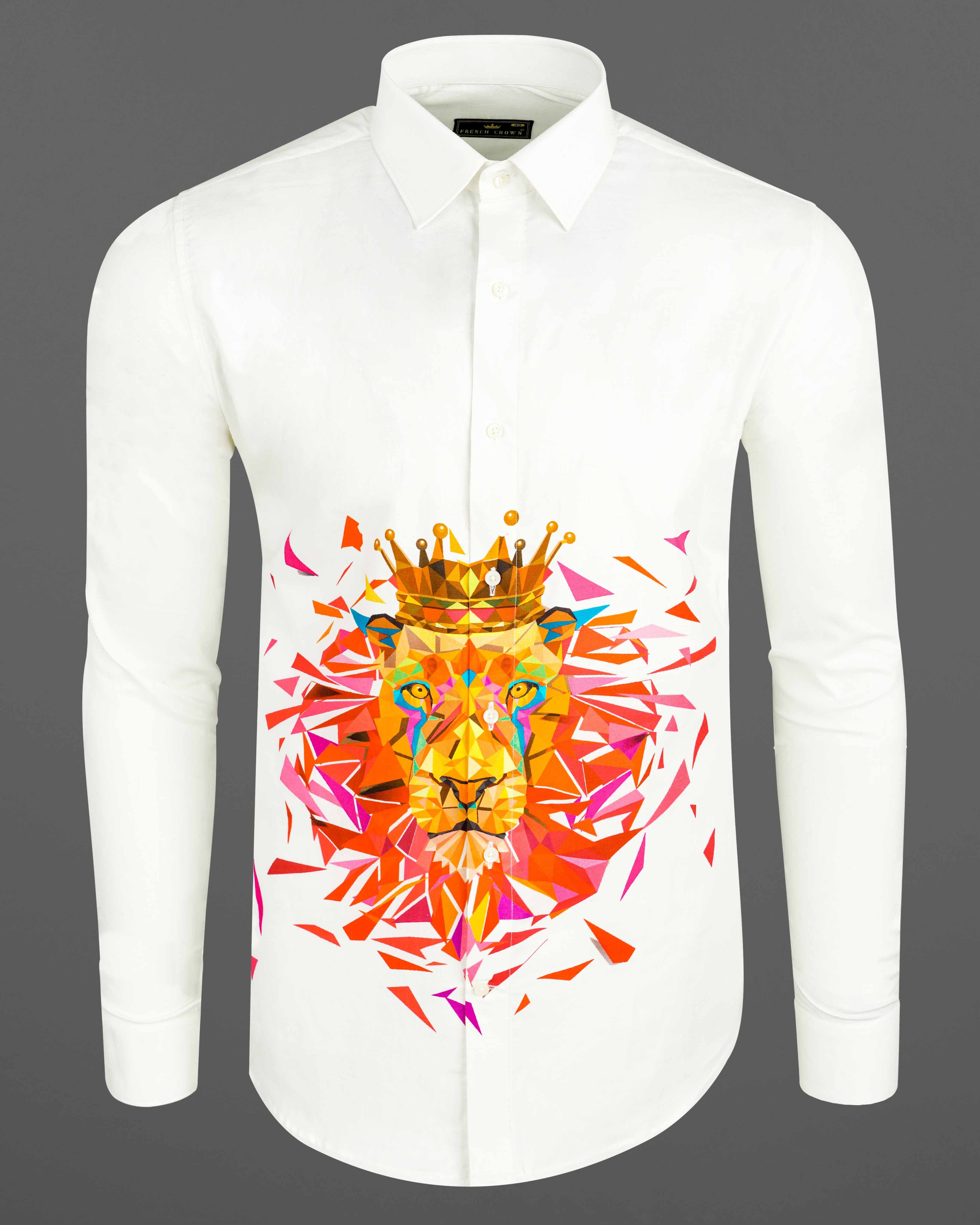 Bright White Lion Printed Super Soft Premium Cotton Designer Shirt 7663-38, 7663-H-38, 7663-39,7663-H-39, 7663-40, 7663-H-40, 7663-42, 7663-H-42, 7663-44, 7663-H-44, 7663-46, 7663-H-46, 7663-48, 7663-H-48, 7663-50, 7663-H-50, 7663-52, 7663-H-52