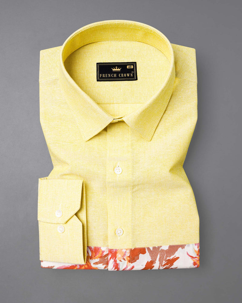 Moccasin Yellow Floral Patched Royal Oxford Designer Shirt 7695-P213-38, 7695-P213-H-38, 7695-P213-39,7695-P213-H-39, 7695-P213-40, 7695-P213-H-40, 7695-P213-42, 7695-P213-H-42, 7695-P213-44, 7695-P213-H-44, 7695-P213-46, 7695-P213-H-46, 7695-P213-48, 7695-P213-H-48, 7695-P213-50, 7695-P213-H-50, 7695-P213-52, 7695-P213-H-52
