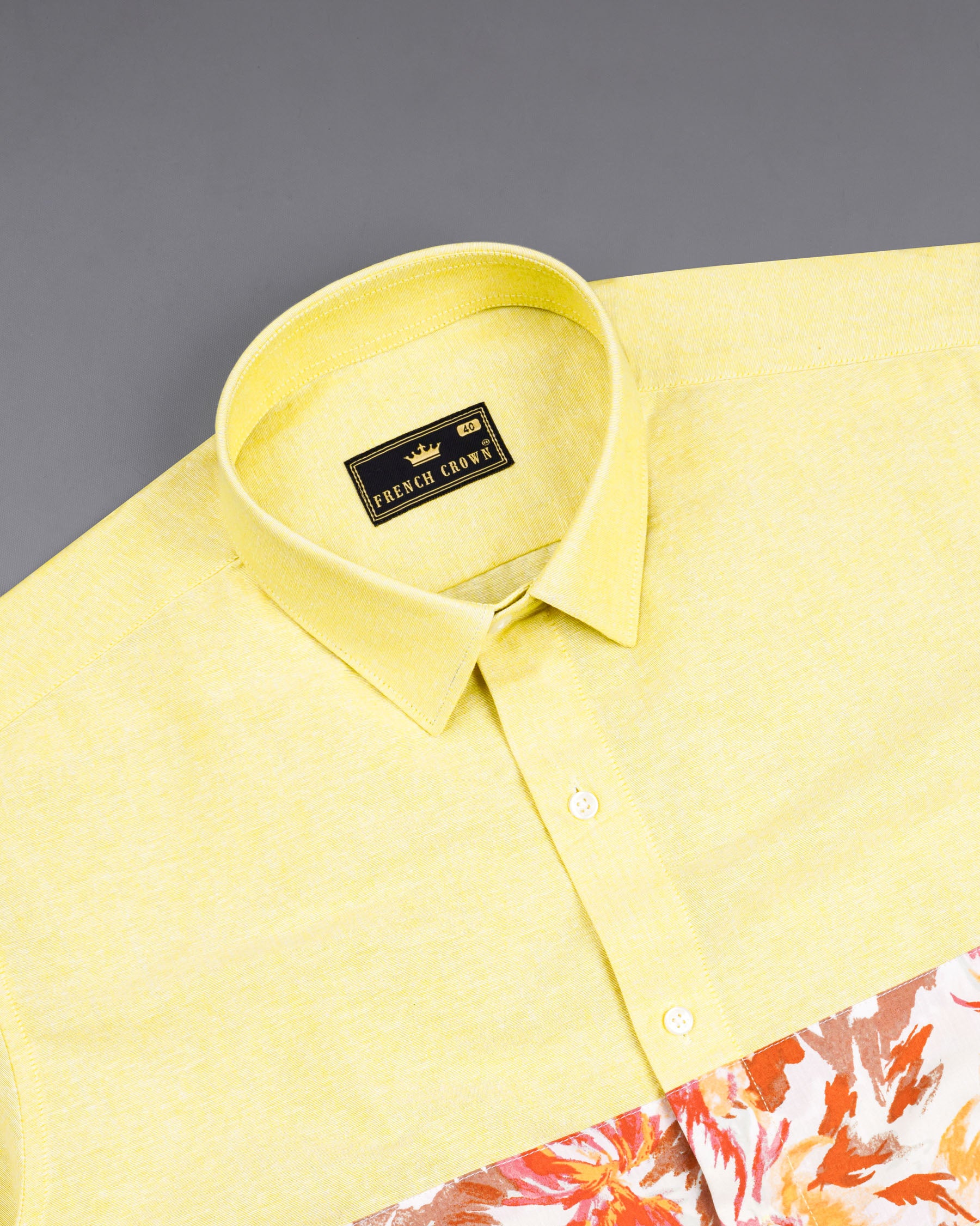 Moccasin Yellow Floral Patched Royal Oxford Designer Shirt 7695-P213-38, 7695-P213-H-38, 7695-P213-39,7695-P213-H-39, 7695-P213-40, 7695-P213-H-40, 7695-P213-42, 7695-P213-H-42, 7695-P213-44, 7695-P213-H-44, 7695-P213-46, 7695-P213-H-46, 7695-P213-48, 7695-P213-H-48, 7695-P213-50, 7695-P213-H-50, 7695-P213-52, 7695-P213-H-52