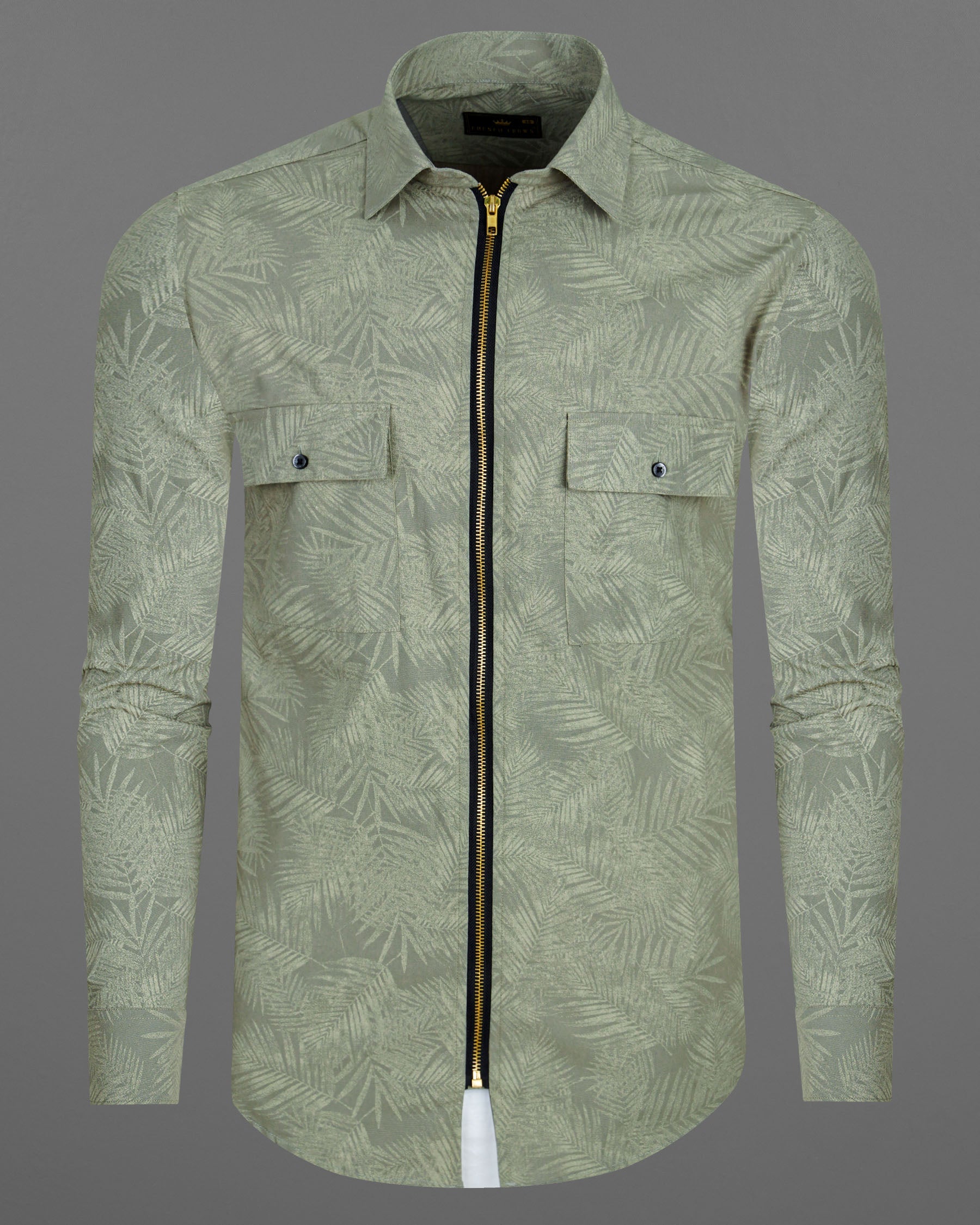 Cement Green Leaves Printed Royal Oxford Zipper Designer Overshirt 7715-OS-P181-38, 7715-OS-P181-39, 7715-OS-P181-40, 7715-OS-P181-42, 7715-OS-P181-44, 7715-OS-P181-46, 7715-OS-P181-48, 7715-OS-P181-50, 7715-OS-P181-52