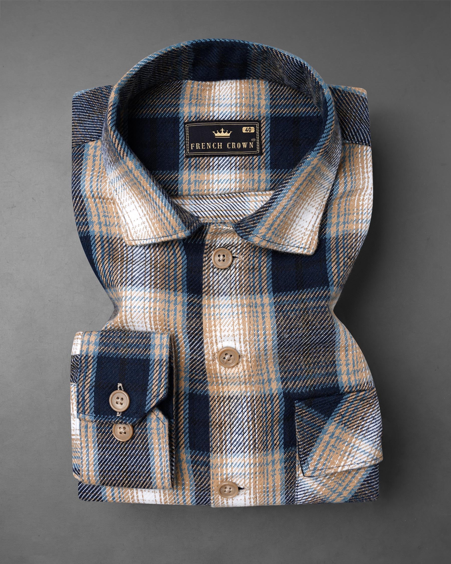 Ebony Clay Navy Blue and Sandrift Brown Plaid Flannel Designer Over Shirt 7738-OS-CA-P180-38, 7738-OS-CA-P180-39, 7738-OS-CA-P180-40, 7738-OS-CA-P180-42, 7738-OS-CA-P180-44, 7738-OS-CA-P180-46, 7738-OS-CA-P180-48, 7738-OS-CA-P180-50, 7738-OS-CA-P180-52, 