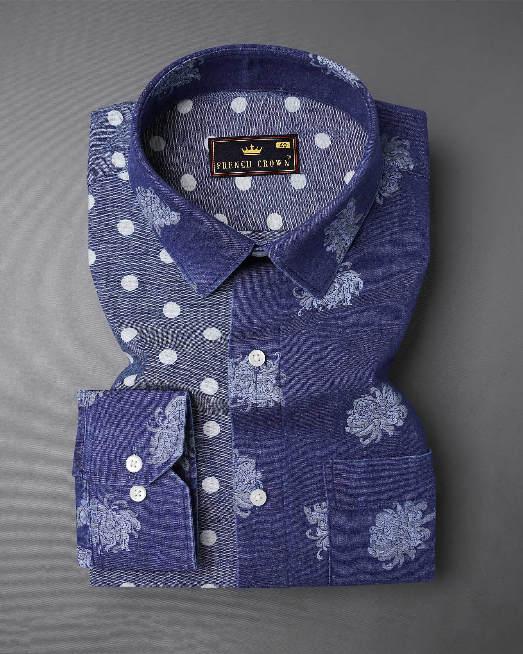 Gunpowder Blue Polka Dotted Chambray Textured Premium Cotton Designer denim Shirt 7777-P201-38, 7777-P201-39, 7777-P201-40, 7777-P201-42, 7777-P201-44, 7777-P201-46, 7777-P201-48, 7777-P201-50, 7777-P201-52