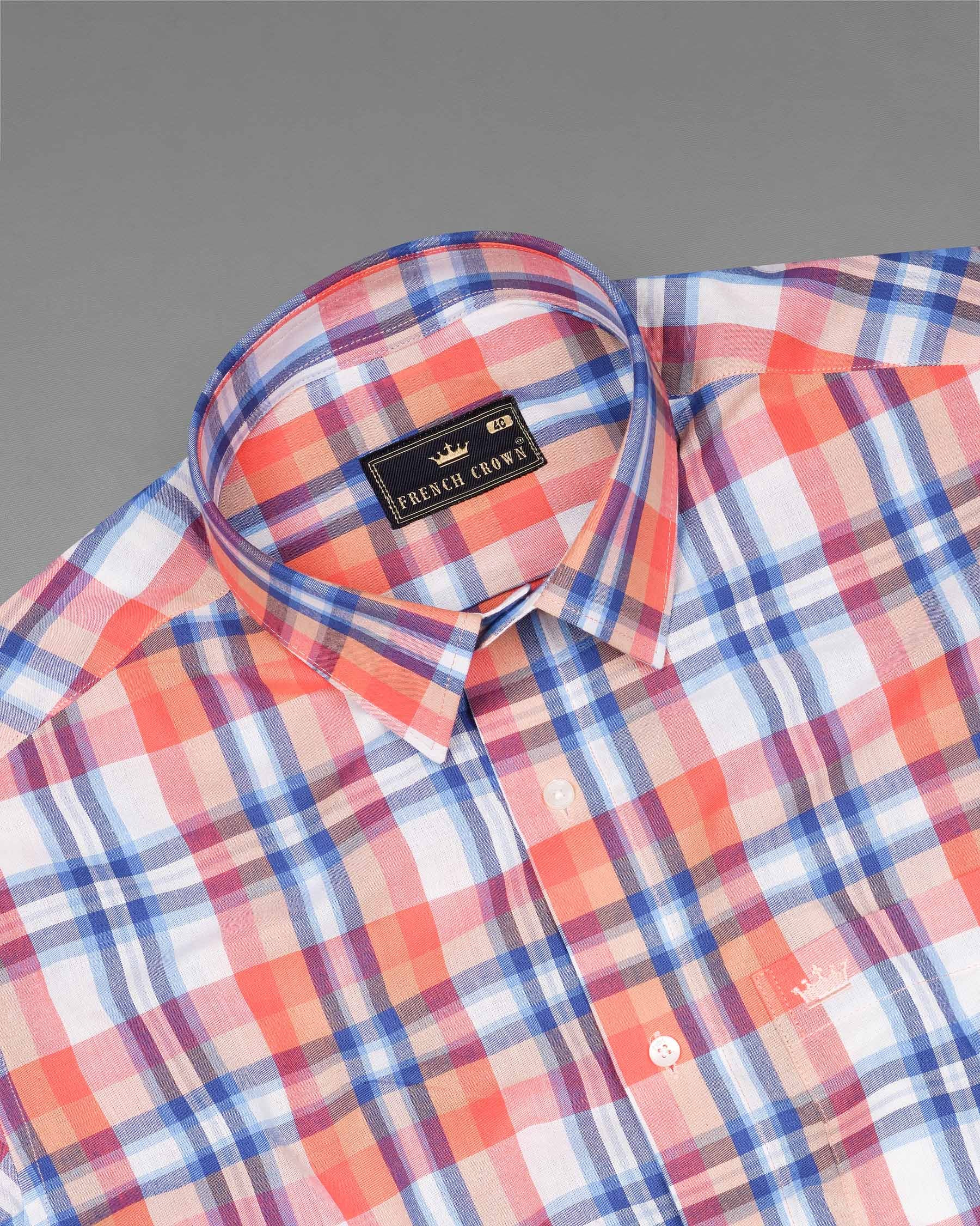 Salmon Orange And White Plaid Premium Cotton Shirt 7793-38, 7793-H-38, 7793-39,7793-H-39, 7793-40, 7793-H-40, 7793-42, 7793-H-42, 7793-44, 7793-H-44, 7793-46, 7793-H-46, 7793-48, 7793-H-48, 7793-50, 7793-H-50, 7793-52, 7793-H-52