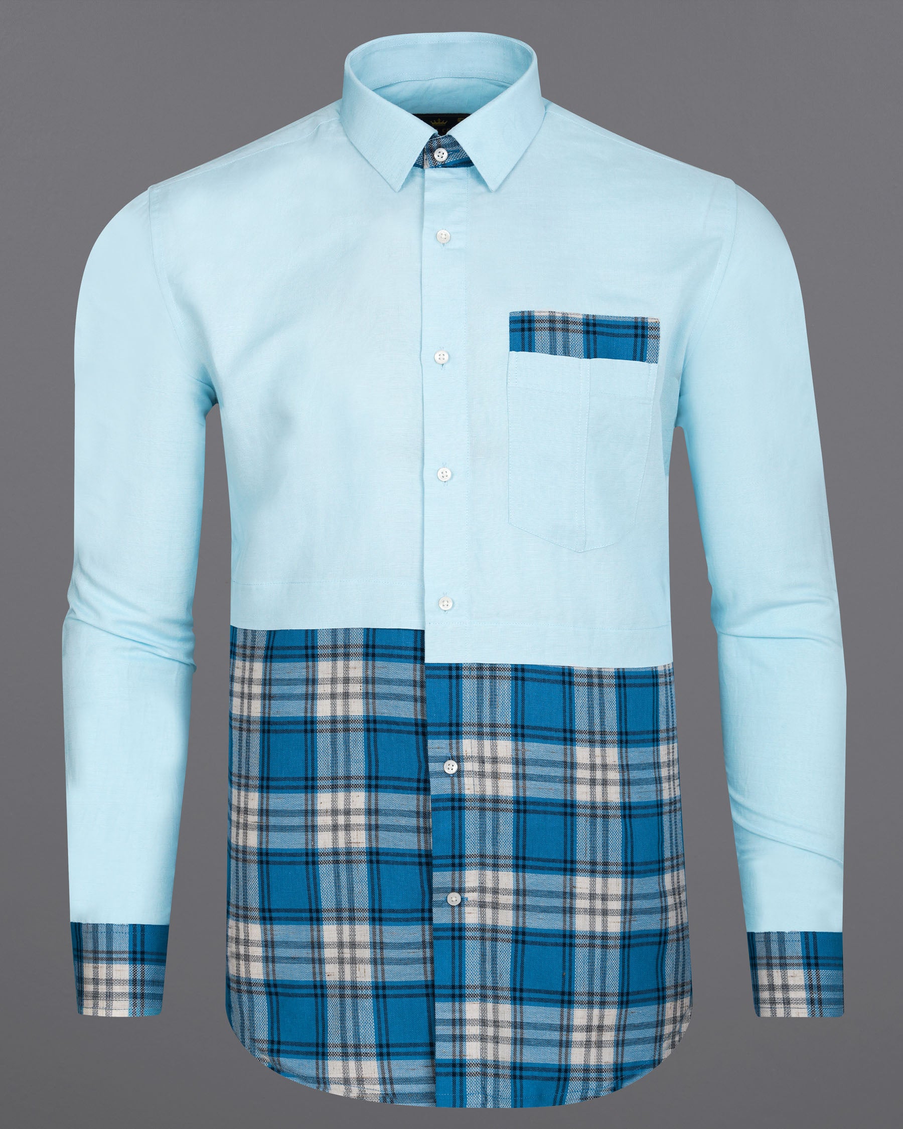 Botticelli Blue With Multi Colored Plaid Luxurious Linen Half and Half Designer Shirt 7812-P116-38, 7812-P116-39, 7812-P116-40, 7812-P116-42, 7812-P116-44, 7812-P116-46, 7812-P116-48, 7812-P116-50, 7812-P116-52
