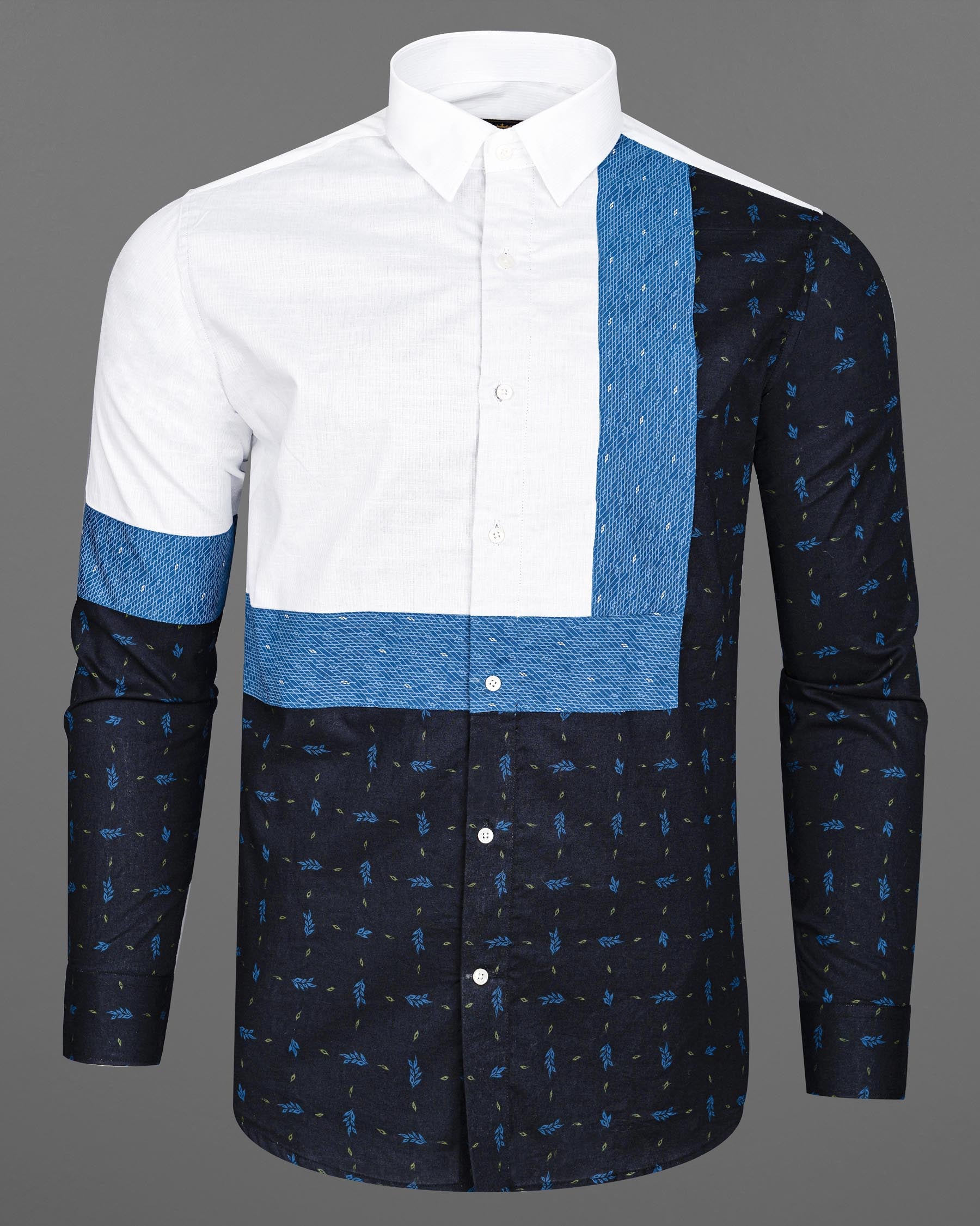 Bright White with Azure Blue and Black Dobby Textured Designer Shirt 7856-P148-38, 7856-P148-39, 7856-P148-40, 7856-P148-42, 7856-P148-44, 7856-P148-46, 7856-P148-48, 7856-P148-50, 7856-P148-52