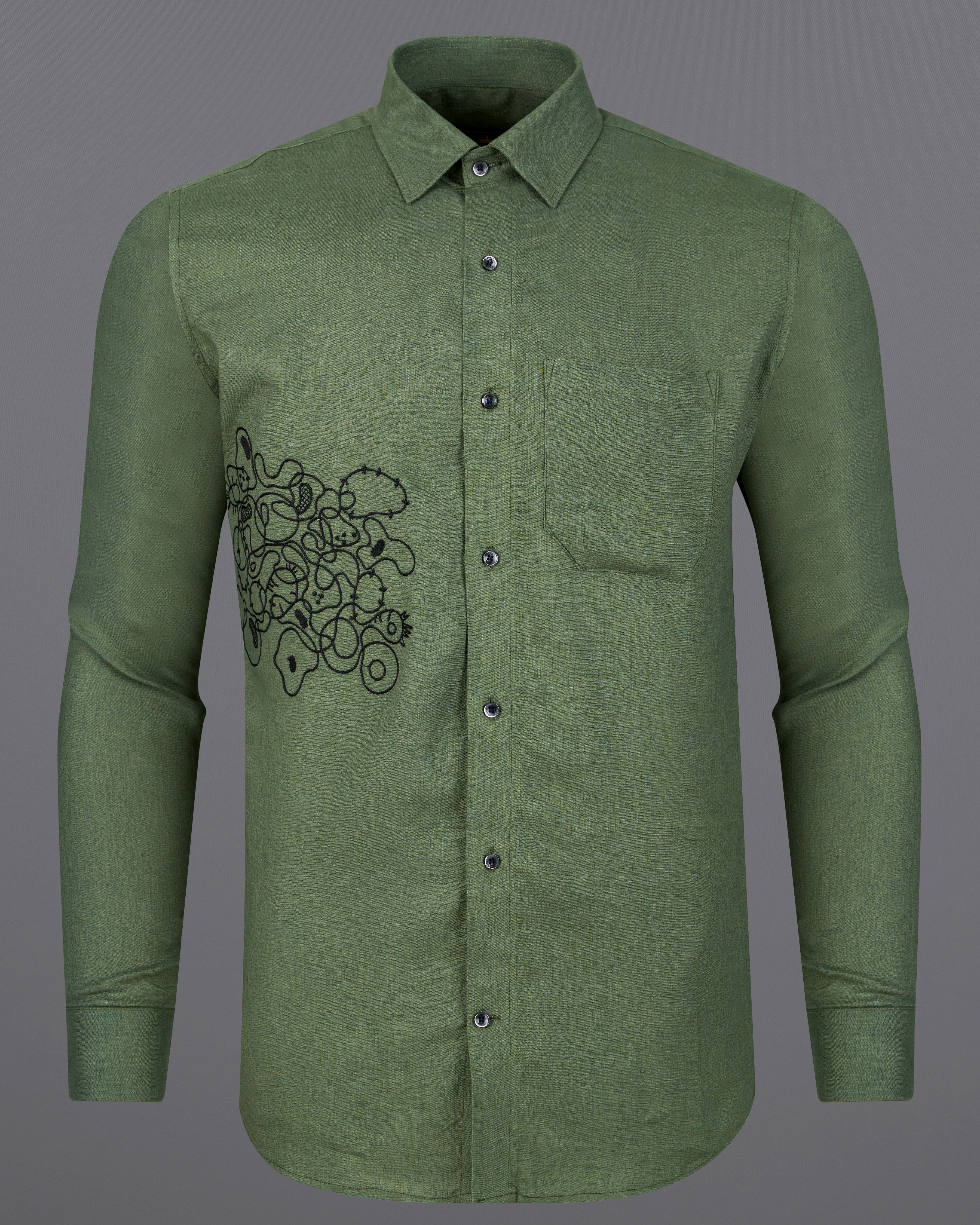 Flint Green with Black Embroidered Linen Designer Shirt