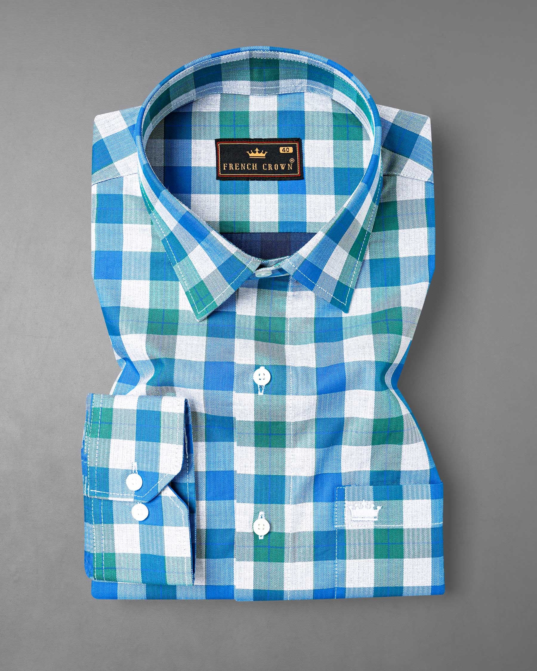 Mackerel Blue and Surfie Green Checkered Herringbone Premium Cotton Shirt 7904-38, 7904-H-38, 7904-39, 7904-H-39, 7904-40, 7904-H-40, 7904-42, 7904-H-42, 7904-44, 7904-H-44, 7904-46, 7904-H-46, 7904-48, 7904-H-48, 7904-50, 7904-H-50, 7904-52, 7904-H-52