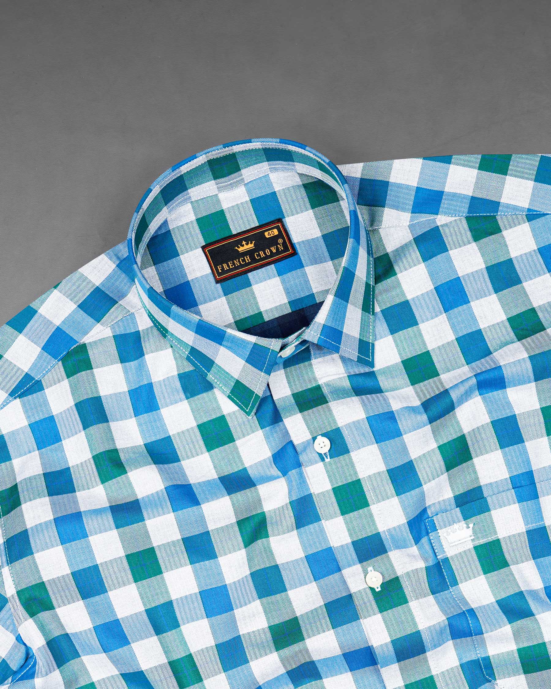 Mackerel Blue and Surfie Green Checkered Herringbone Premium Cotton Shirt 7904-38, 7904-H-38, 7904-39, 7904-H-39, 7904-40, 7904-H-40, 7904-42, 7904-H-42, 7904-44, 7904-H-44, 7904-46, 7904-H-46, 7904-48, 7904-H-48, 7904-50, 7904-H-50, 7904-52, 7904-H-52