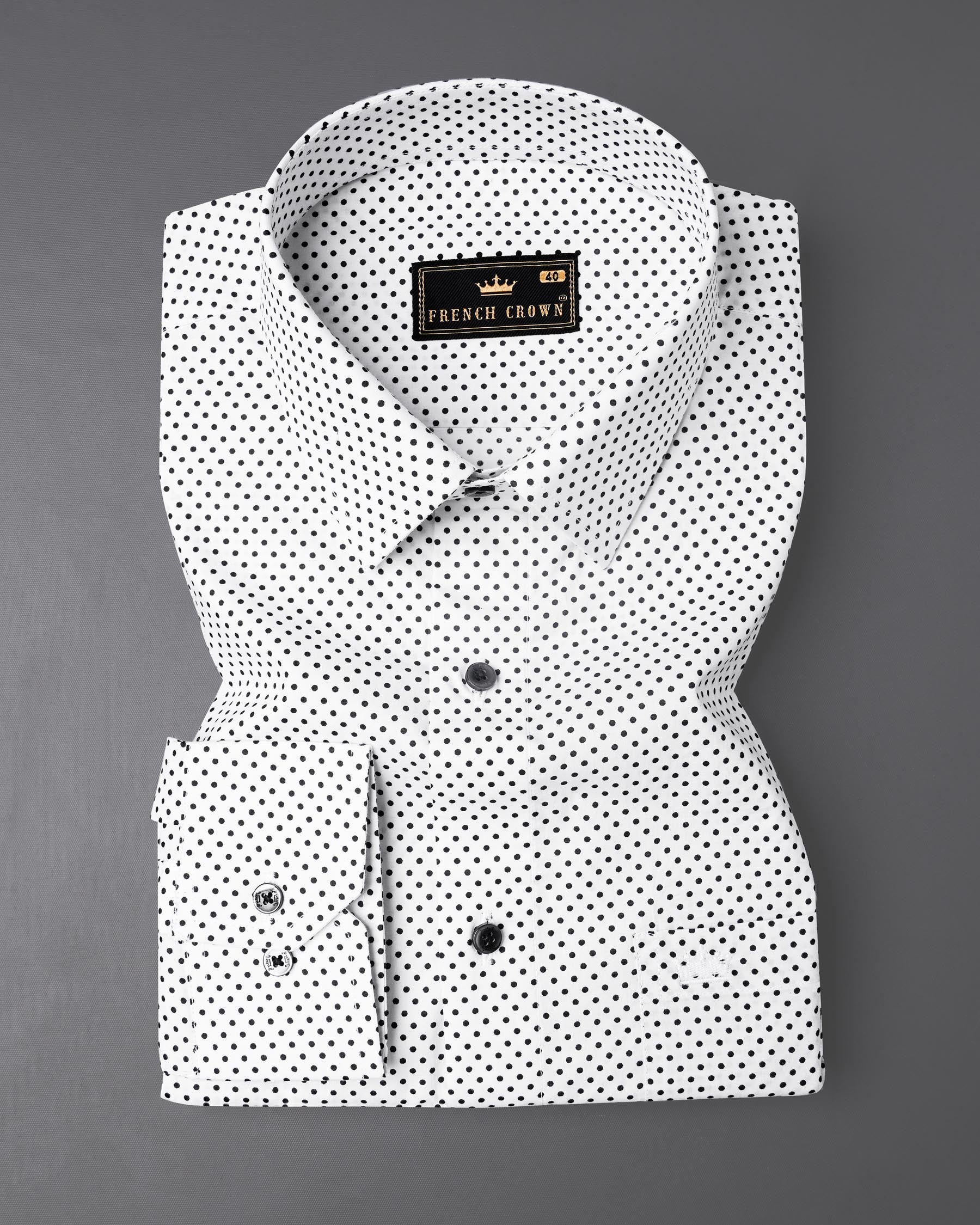 Bright White With Black Polka Premium Cotton Shirt 7929-BLK-38, 7929-BLK-H-38, 7929-BLK-39, 7929-BLK-H-39, 7929-BLK-40, 7929-BLK-H-40, 7929-BLK-42, 7929-BLK-H-42, 7929-BLK-44, 7929-BLK-H-44, 7929-BLK-46, 7929-BLK-H-46, 7929-BLK-48, 7929-BLK-H-48, 7929-BLK-50, 7929-BLK-H-50, 7929-BLK-52, 7929-BLK-H-52