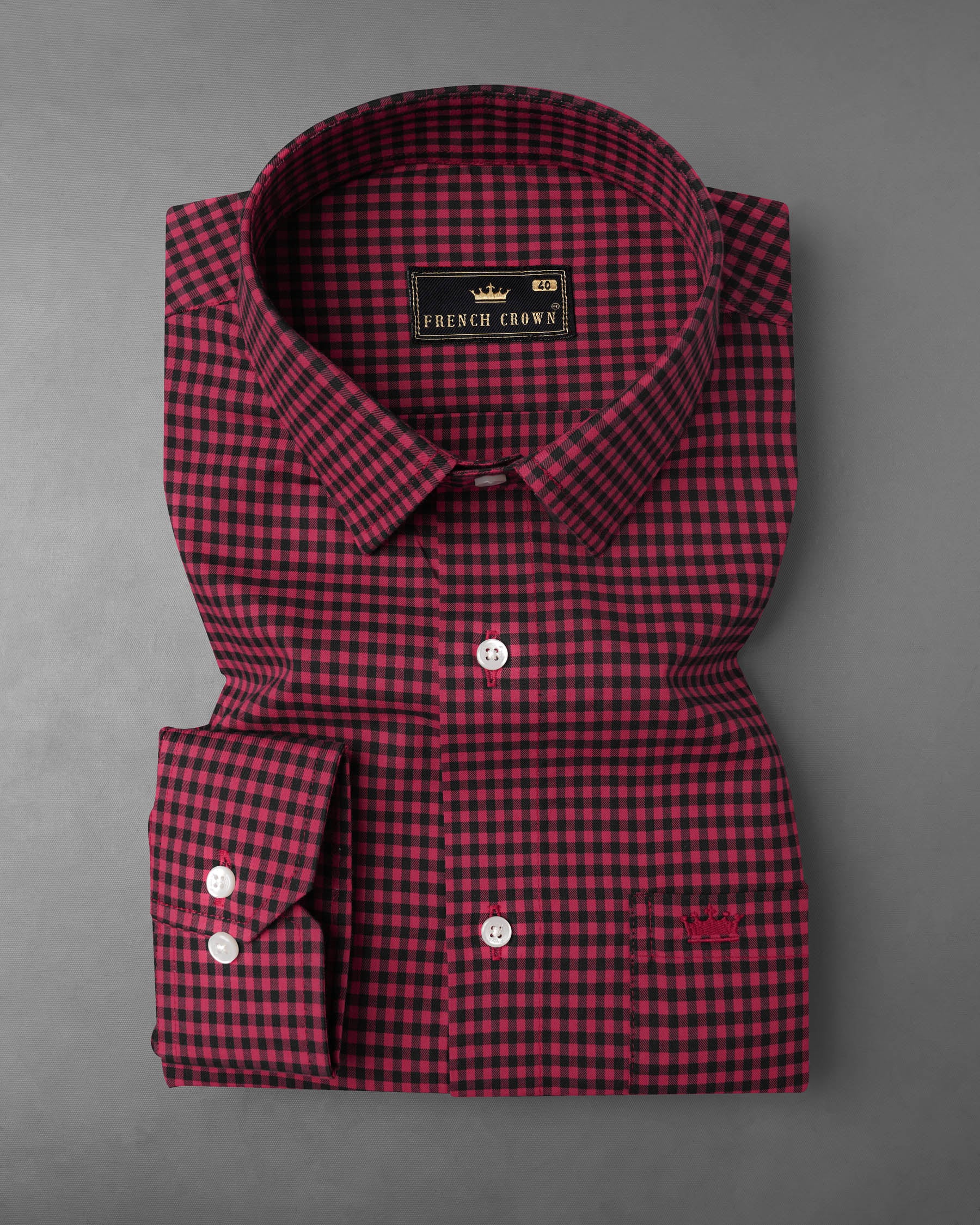 Cardinal Maroon with Black Gingham Checkered Twill Premium Cotton Shirt 7957-38, 7957-H-38, 7957-39, 7957-H-39, 7957-40, 7957-H-40, 7957-42, 7957-H-42, 7957-44, 7957-H-44, 7957-46, 7957-H-46, 7957-48, 7957-H-48, 7957-50, 7957-H-50, 7957-52, 7957-H-52