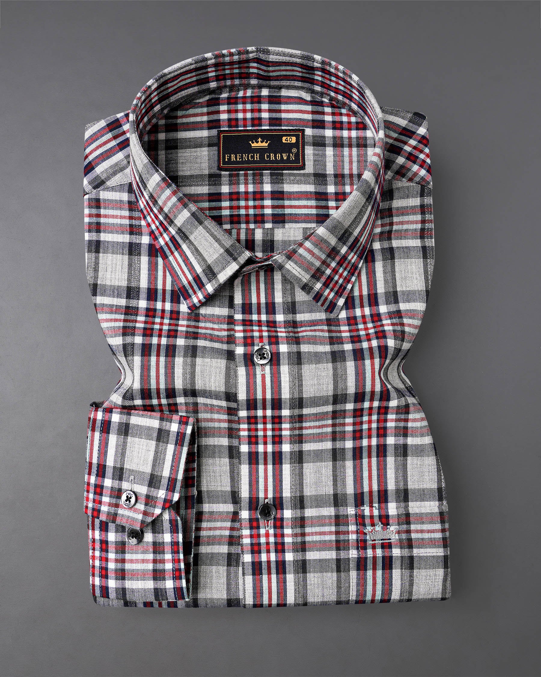 Pale Slate Gray with Tabasco Red Plaid Chambray Premium Cotton Shirt 7988-BLK-38, 7988-BLK-H-38, 7988-BLK-39, 7988-BLK-H-39, 7988-BLK-40, 7988-BLK-H-40, 7988-BLK-42, 7988-BLK-H-42, 7988-BLK-44, 7988-BLK-H-44, 7988-BLK-46, 7988-BLK-H-46, 7988-BLK-48, 7988-BLK-H-48, 7988-BLK-50, 7988-BLK-H-50, 7988-BLK-52, 7988-BLK-H-52