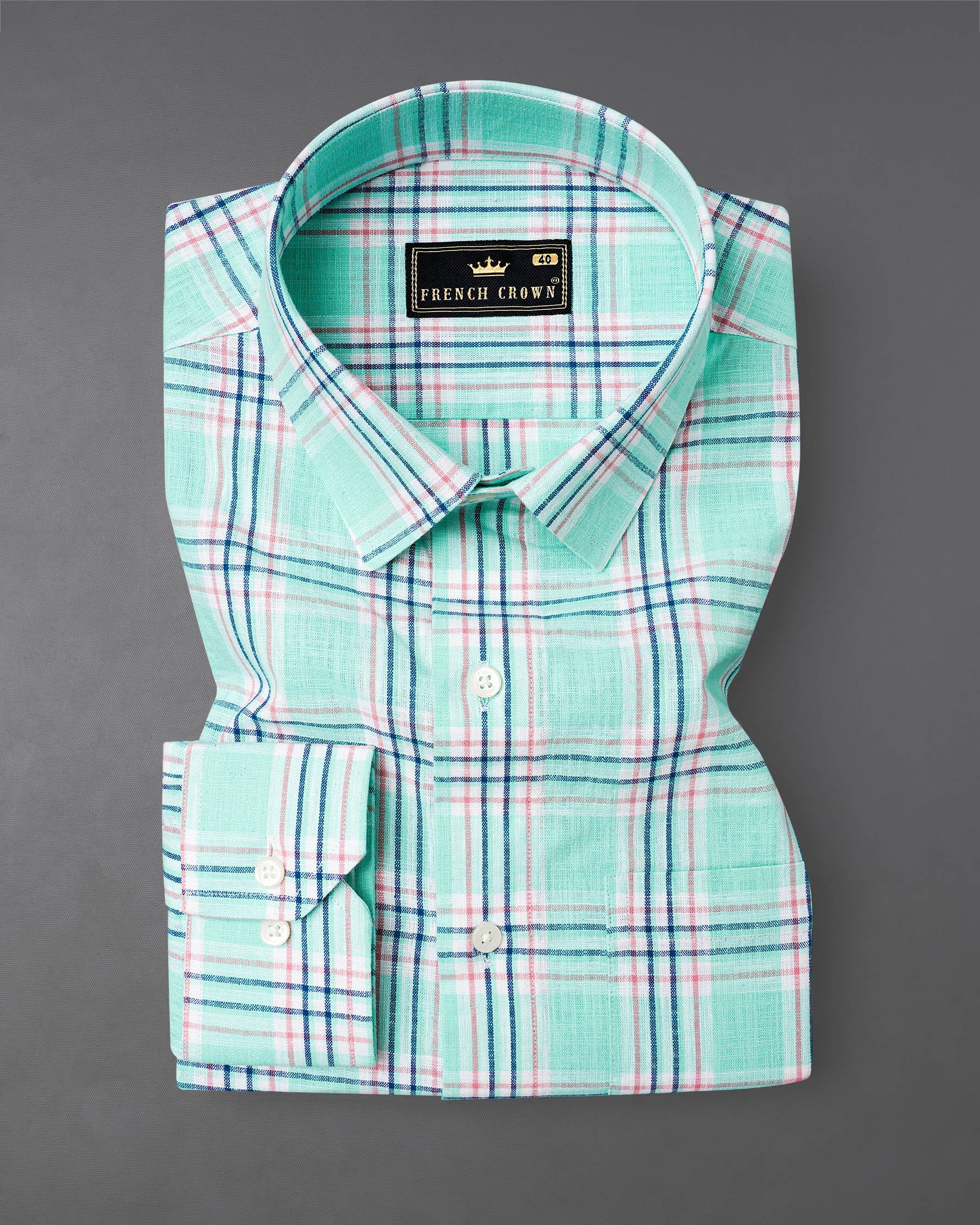 Cruise Aqua Sea Green With Astronaut Blue Plaid Luxurious Linen Shirt