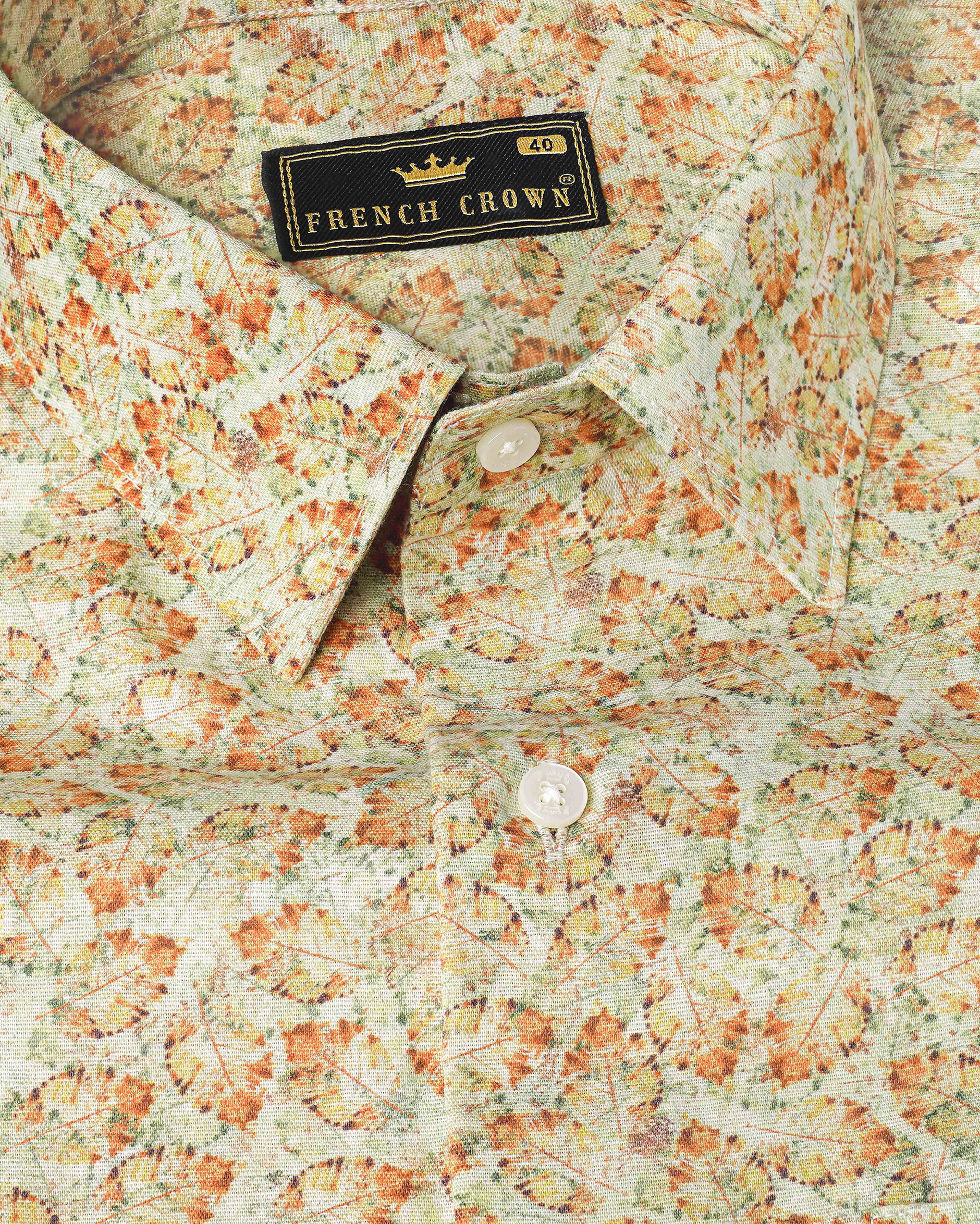  Periglacial Cream with Tuscany Brown and Coriander Green Printed Luxurious Linen Shirt 8031-38, 8031-H-38, 8031-39,8031-H-39, 8031-40, 8031-H-40, 8031-42, 8031-H-42, 8031-44, 8031-H-44, 8031-46, 8031-H-46, 8031-48, 8031-H-48, 8031-50, 8031-H-50, 8031-52, 8031-H-52