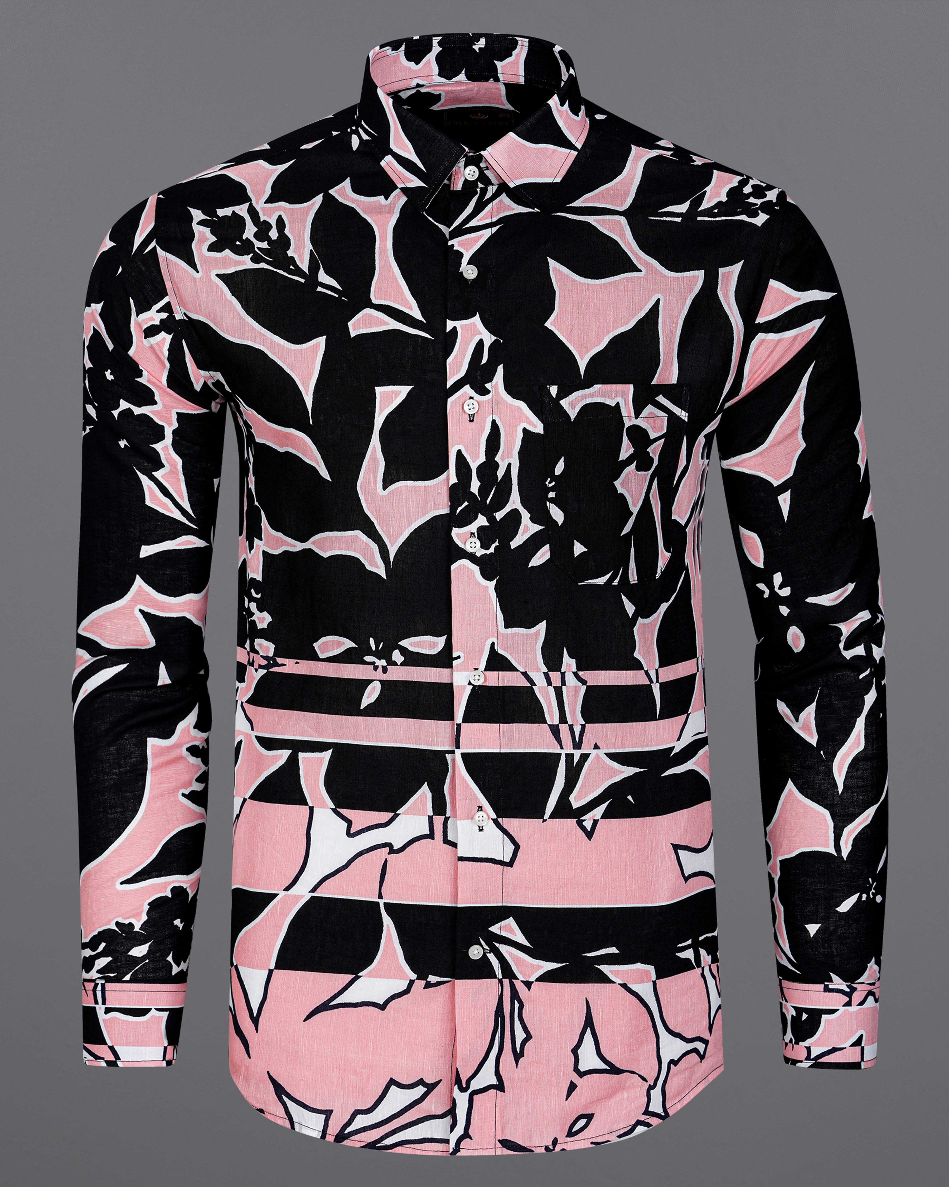 Chantilly Pink and Jade Black Abstract Printed Luxurious Linen Shirt 8034-38, 8034-H-38, 8034-39,8034-H-39, 8034-40, 8034-H-40, 8034-42, 8034-H-42, 8034-44, 8034-H-44, 8034-46, 8034-H-46, 8034-48, 8034-H-48, 8034-50, 8034-H-50, 8034-52, 8034-H-52