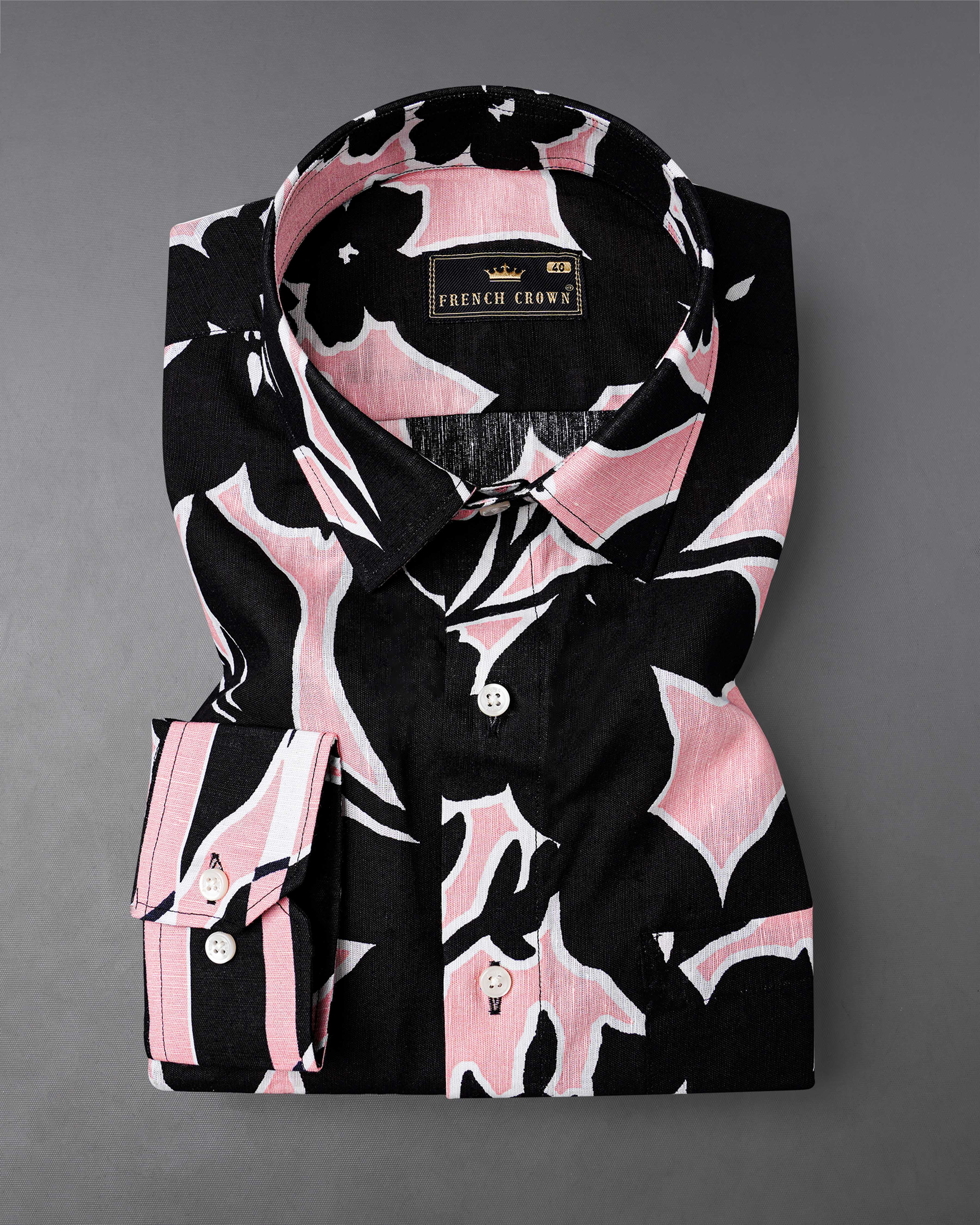 Chantilly Pink and Jade Black Abstract Printed Luxurious Linen Shirt 8034-38, 8034-H-38, 8034-39,8034-H-39, 8034-40, 8034-H-40, 8034-42, 8034-H-42, 8034-44, 8034-H-44, 8034-46, 8034-H-46, 8034-48, 8034-H-48, 8034-50, 8034-H-50, 8034-52, 8034-H-52