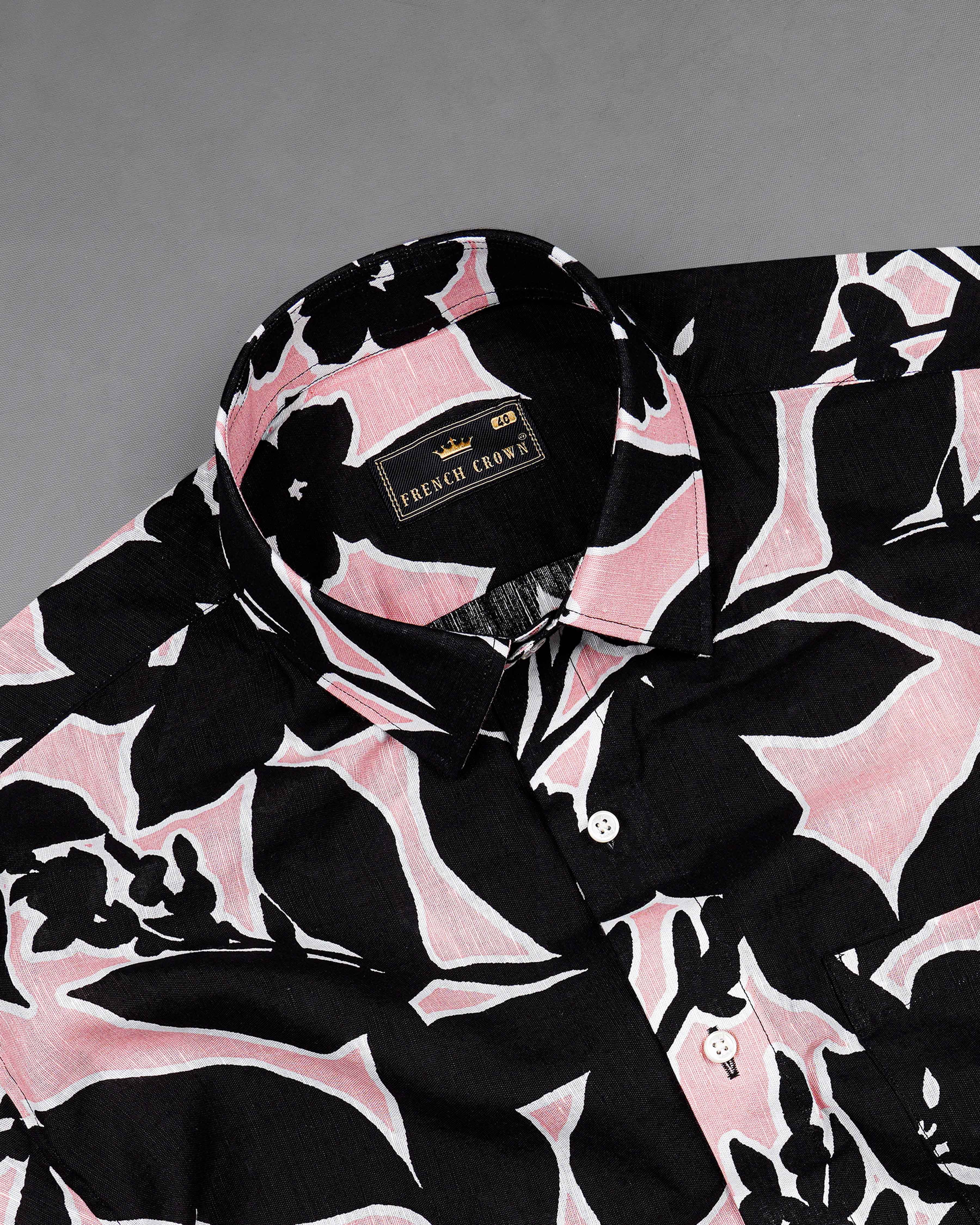 Chantilly Pink and Jade Black Abstract Printed Luxurious Linen Shirt 8034-38, 8034-H-38, 8034-39,8034-H-39, 8034-40, 8034-H-40, 8034-42, 8034-H-42, 8034-44, 8034-H-44, 8034-46, 8034-H-46, 8034-48, 8034-H-48, 8034-50, 8034-H-50, 8034-52, 8034-H-52