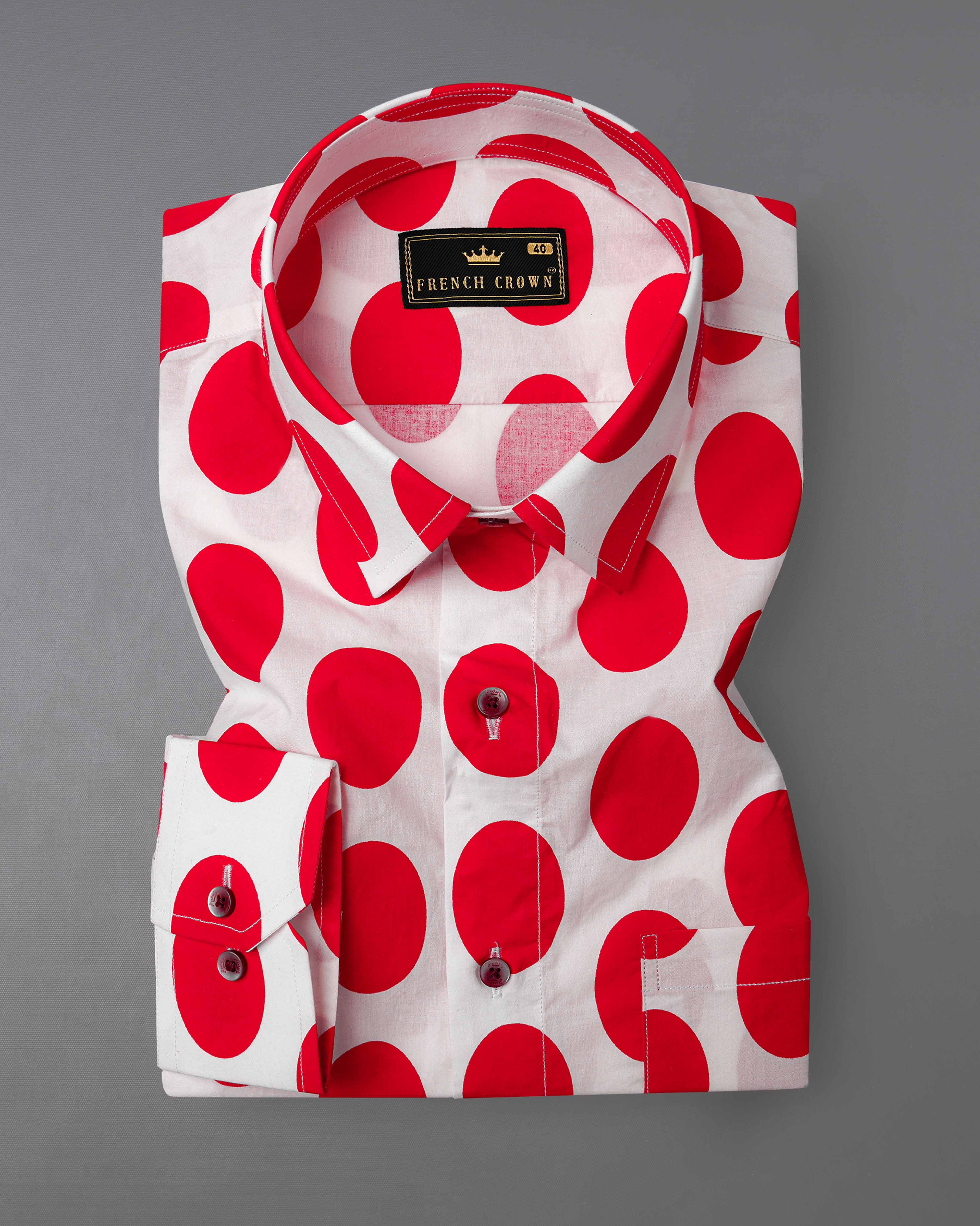 Bright White with Cadmium Red Polka Dotted Premium Cotton Shirt 8041-MN-38, 8041-MN-H-38, 8041-MN-39,8041-MN-H-39, 8041-MN-40, 8041-MN-H-40, 8041-MN-42, 8041-MN-H-42, 8041-MN-44, 8041-MN-H-44, 8041-MN-46, 8041-MN-H-46, 8041-MN-48, 8041-MN-H-48, 8041-MN-50, 8041-MN-H-50, 8041-MN-52, 8041-MN-H-52