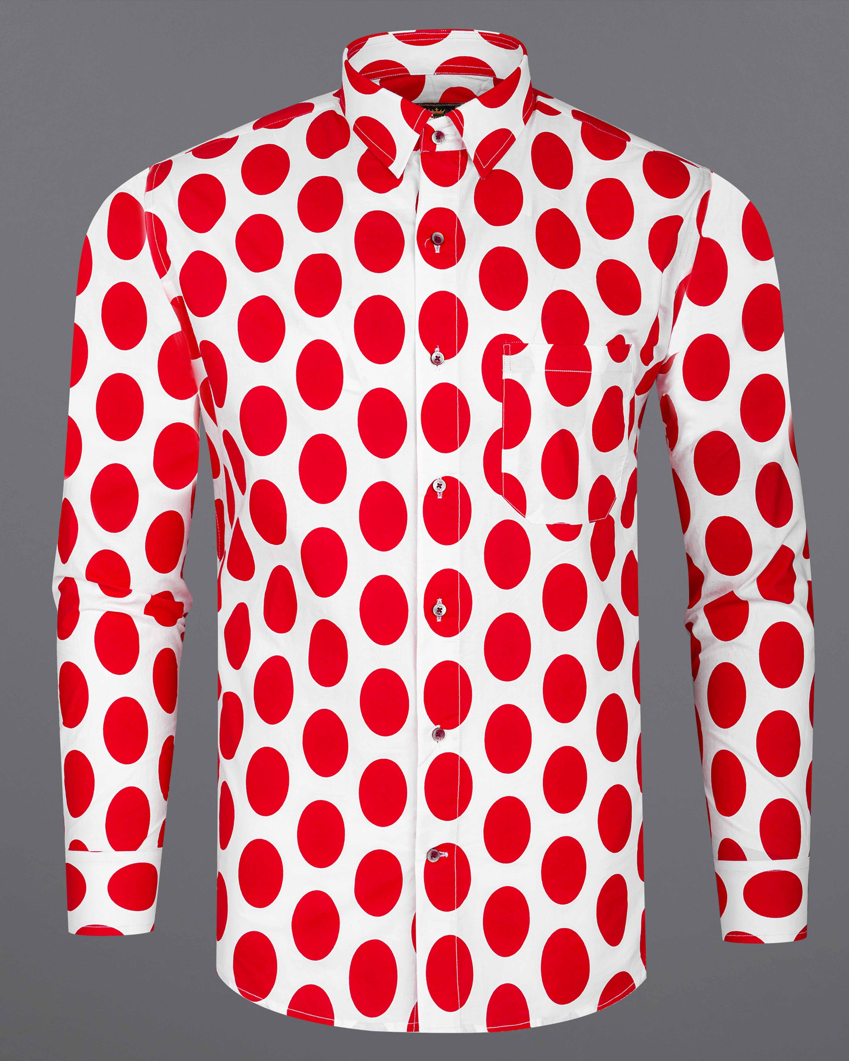 Bright White with Cadmium Red Polka Dotted Premium Cotton Shirt 8041-MN-38, 8041-MN-H-38, 8041-MN-39,8041-MN-H-39, 8041-MN-40, 8041-MN-H-40, 8041-MN-42, 8041-MN-H-42, 8041-MN-44, 8041-MN-H-44, 8041-MN-46, 8041-MN-H-46, 8041-MN-48, 8041-MN-H-48, 8041-MN-50, 8041-MN-H-50, 8041-MN-52, 8041-MN-H-52