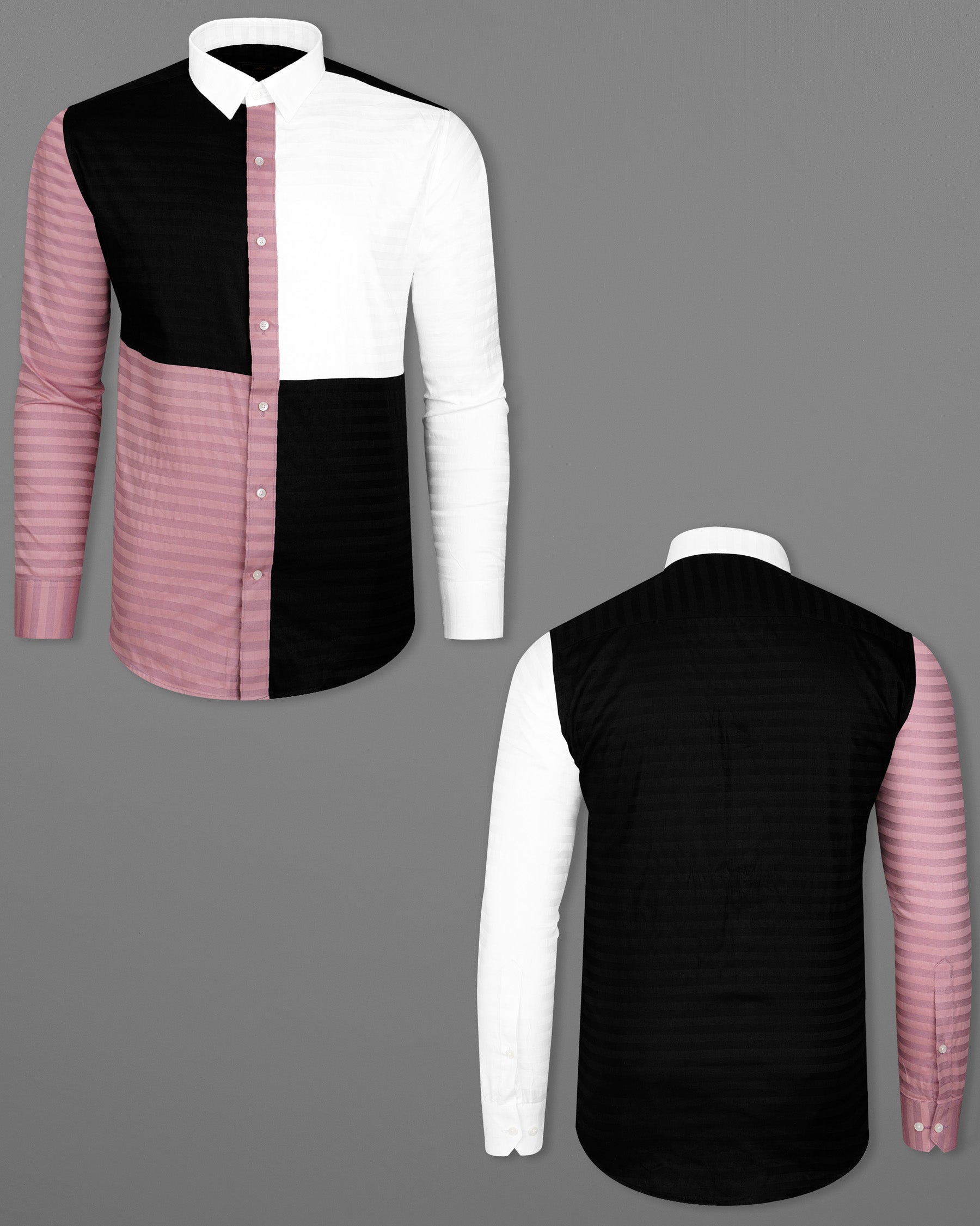 Oriental Pink Striped with Jade Black and White Super Soft Premium Cotton Designer Block Shirt         8045-P102-38, 8045-P102-39, 8045-P102-40, 8045-P102-42, 8045-P102-44, 8045-P102-46, 8045-P102-48, 8045-P102-50, 8045-P102-52