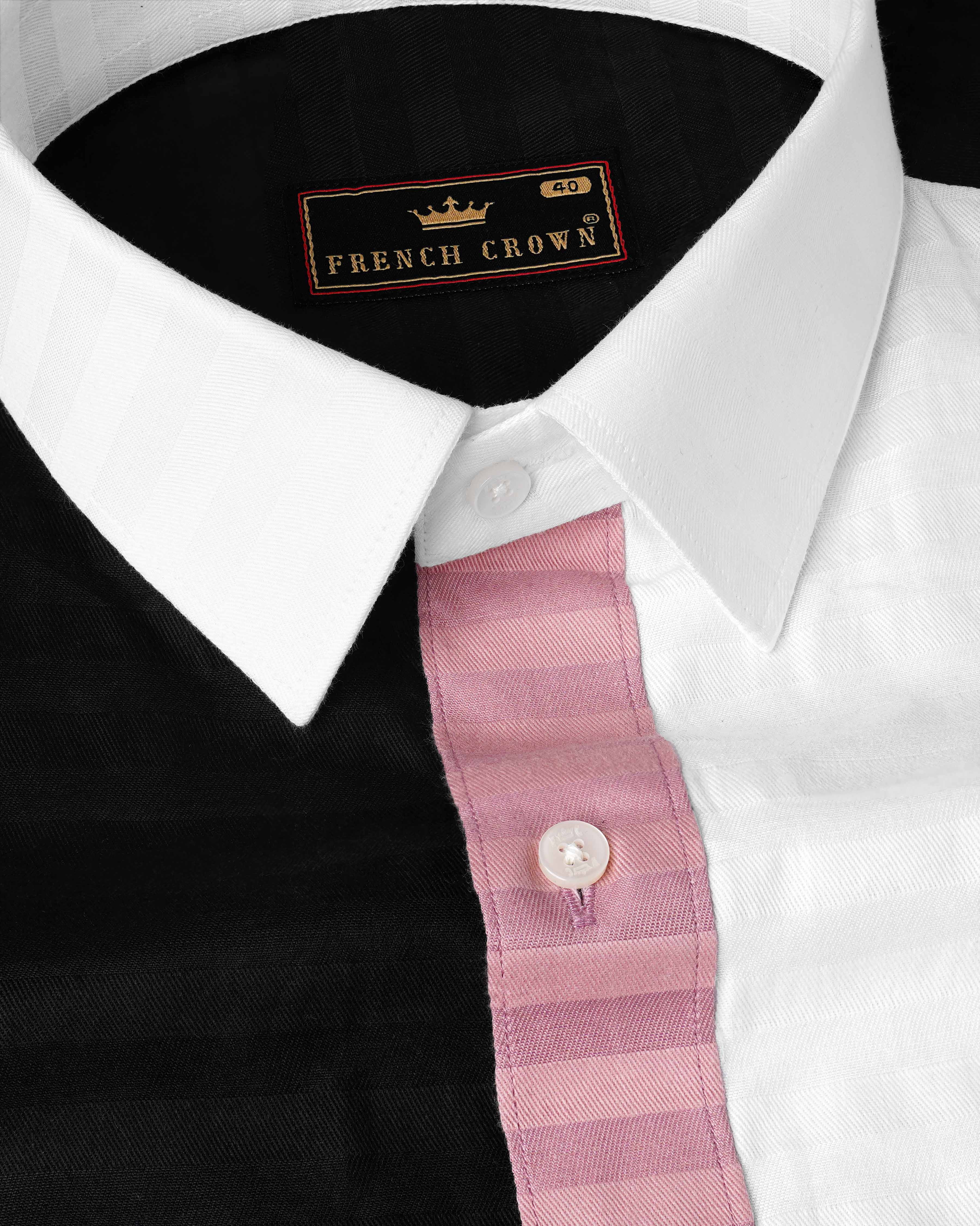 Oriental Pink Striped with Jade Black and White Super Soft Premium Cotton Designer Block Shirt 8045-P102-38, 8045-P102-39, 8045-P102-40, 8045-P102-42, 8045-P102-44, 8045-P102-46, 8045-P102-48, 8045-P102-50, 8045-P102-52